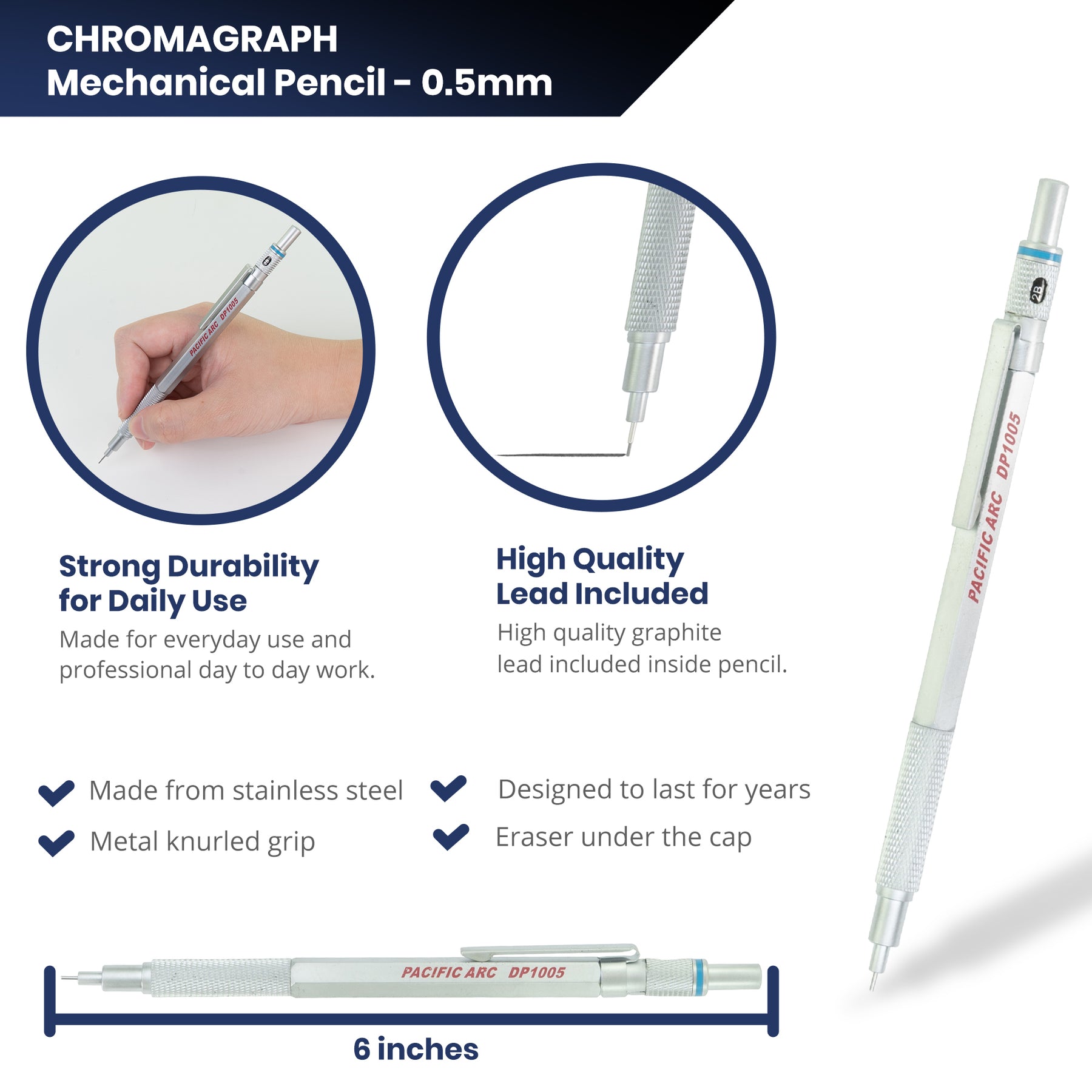 Pacific Arc Chromagraph Display Metal Mechanical Pencil, 0.3, 0.5, 0.7, 0.9 mm Silver or Black Barrel Mechanical Pencil with Built In Lead Grade Indicator, Lead Pencil Holder for Drafting, Sketching, and Drawing