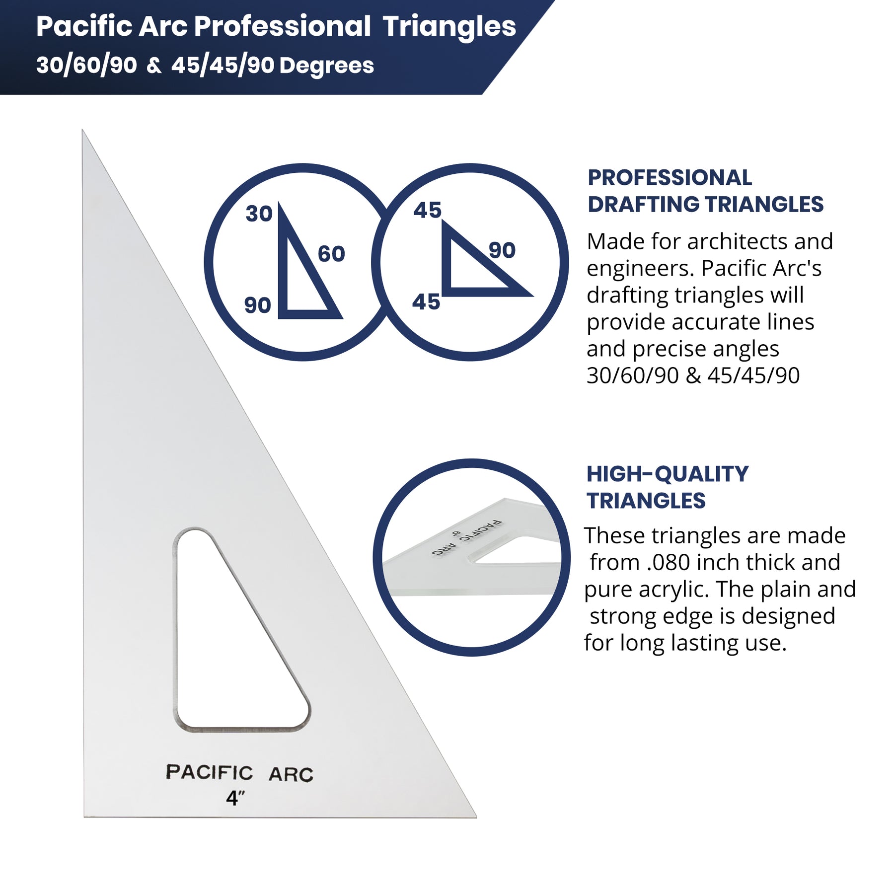 Pacific Arc Drafting Triangle, Large Size, 16 inch - 24 inch, 30/60/90 Degrees or 45/90 Degrees, Clear Acrylic, Plain Edge for professionals and students