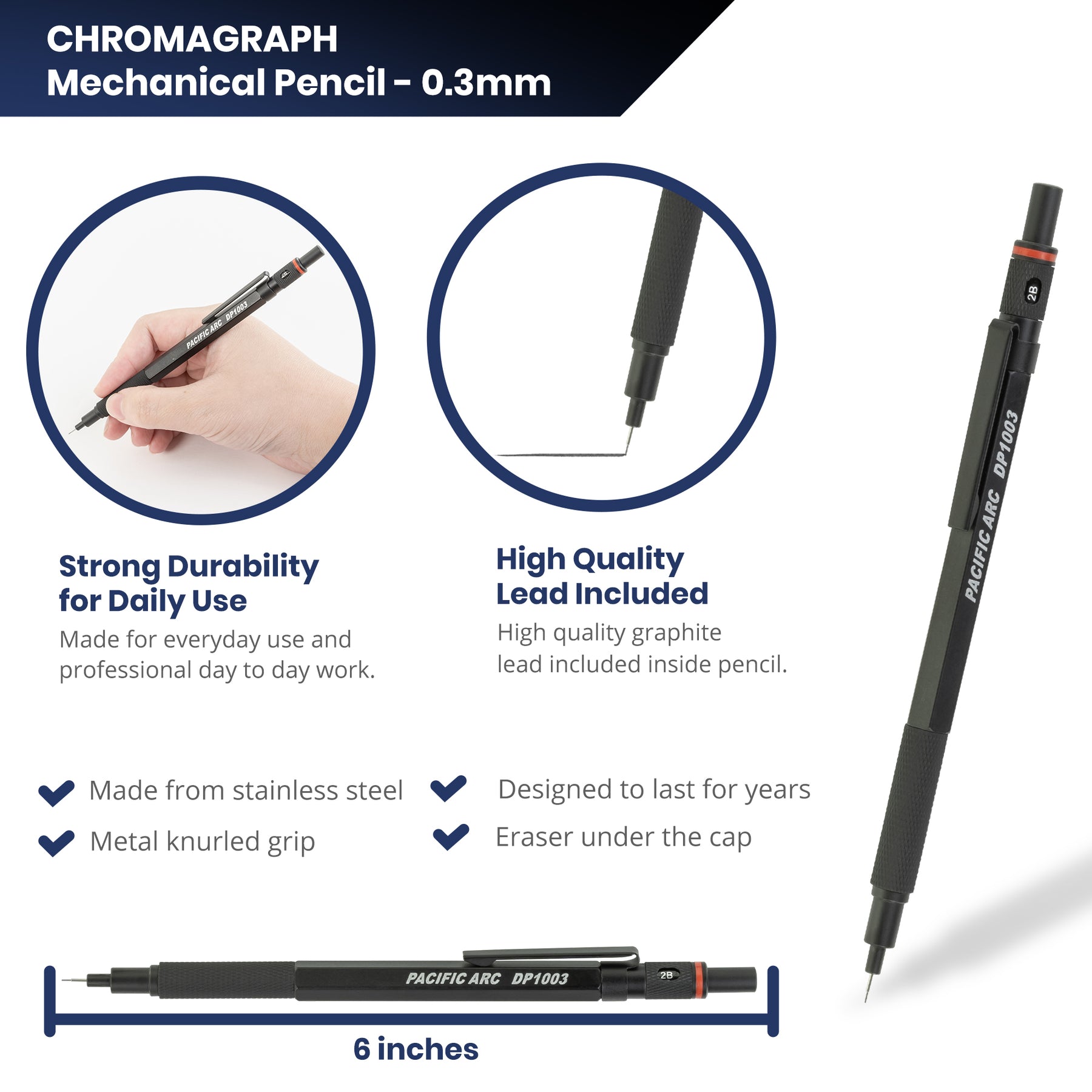 Pacific Arc Chromagraph Display Metal Mechanical Pencil, 0.3, 0.5, 0.7, 0.9 mm Silver or Black Barrel Mechanical Pencil with Built In Lead Grade Indicator, Lead Pencil Holder for Drafting, Sketching, and Drawing