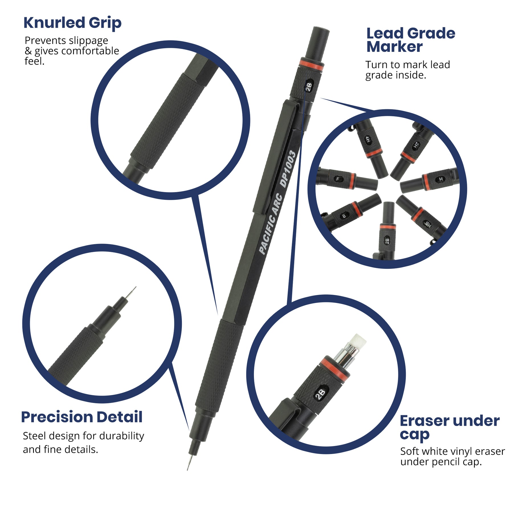 Pacific Arc Chromagraph Display Metal Mechanical Pencil, 0.3, 0.5, 0.7, 0.9 mm Silver or Black Barrel Mechanical Pencil with Built In Lead Grade Indicator, Lead Pencil Holder for Drafting, Sketching, and Drawing