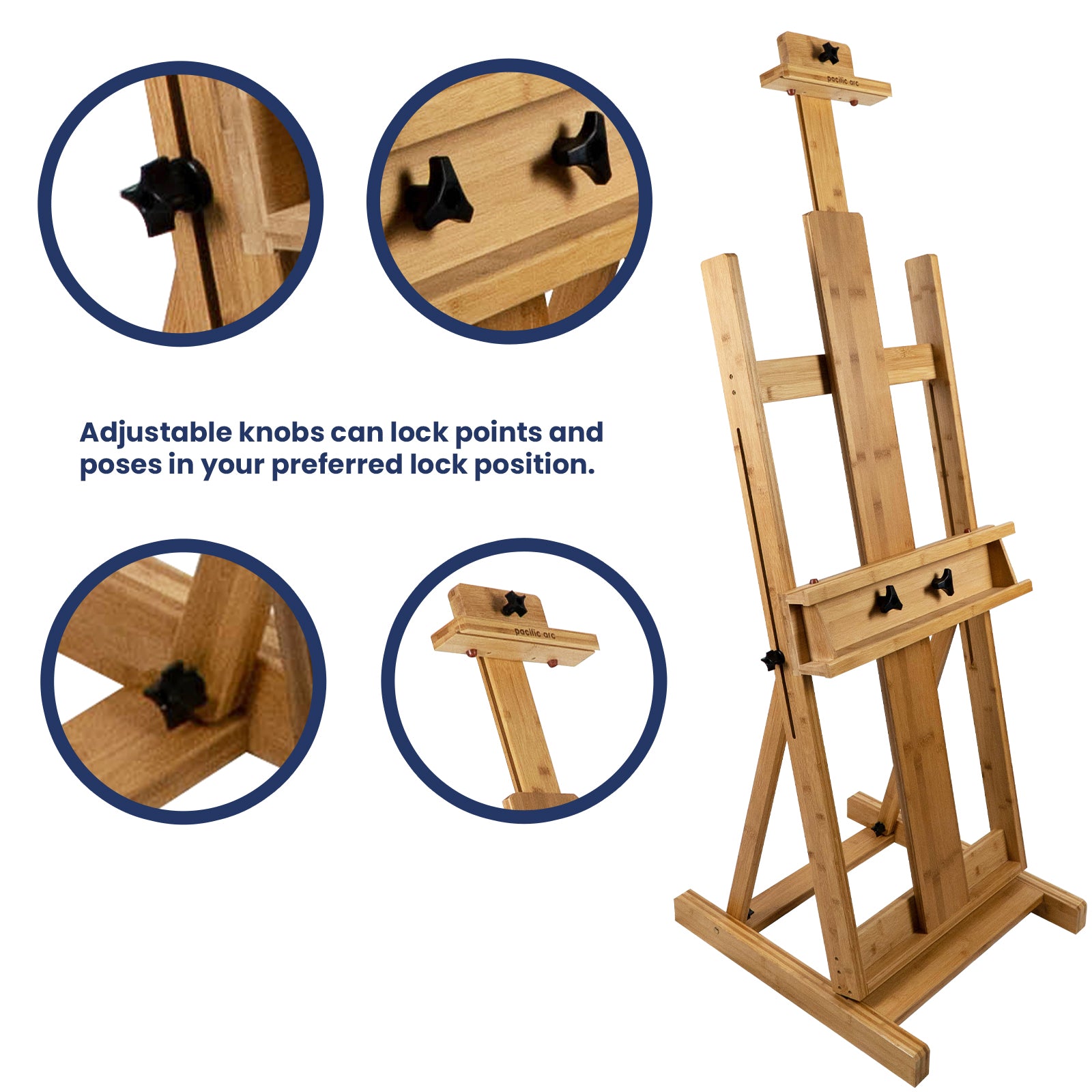 Pacific Arc Large Studio H-Frame Easel - Solid Bamboo Wood Artist Easel Adjustable Movable Tilting Easel, Floor Painting Easel Stand, Holds Canvas Art up to 81"