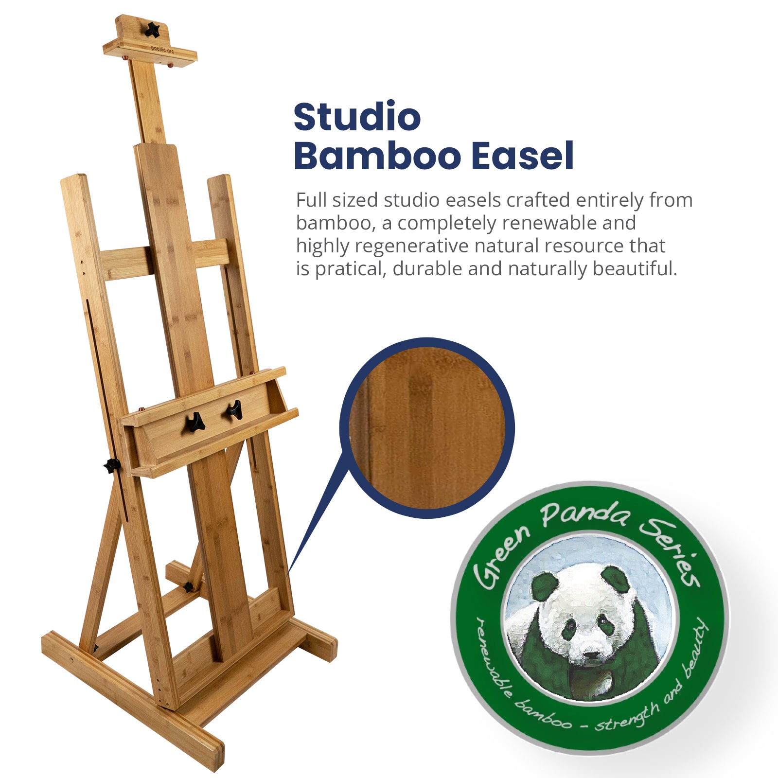Pacific Arc Large Studio H-Frame Easel - Solid Bamboo Wood Artist Easel Adjustable Movable Tilting Easel, Floor Painting Easel Stand, Holds Canvas Art up to 81"