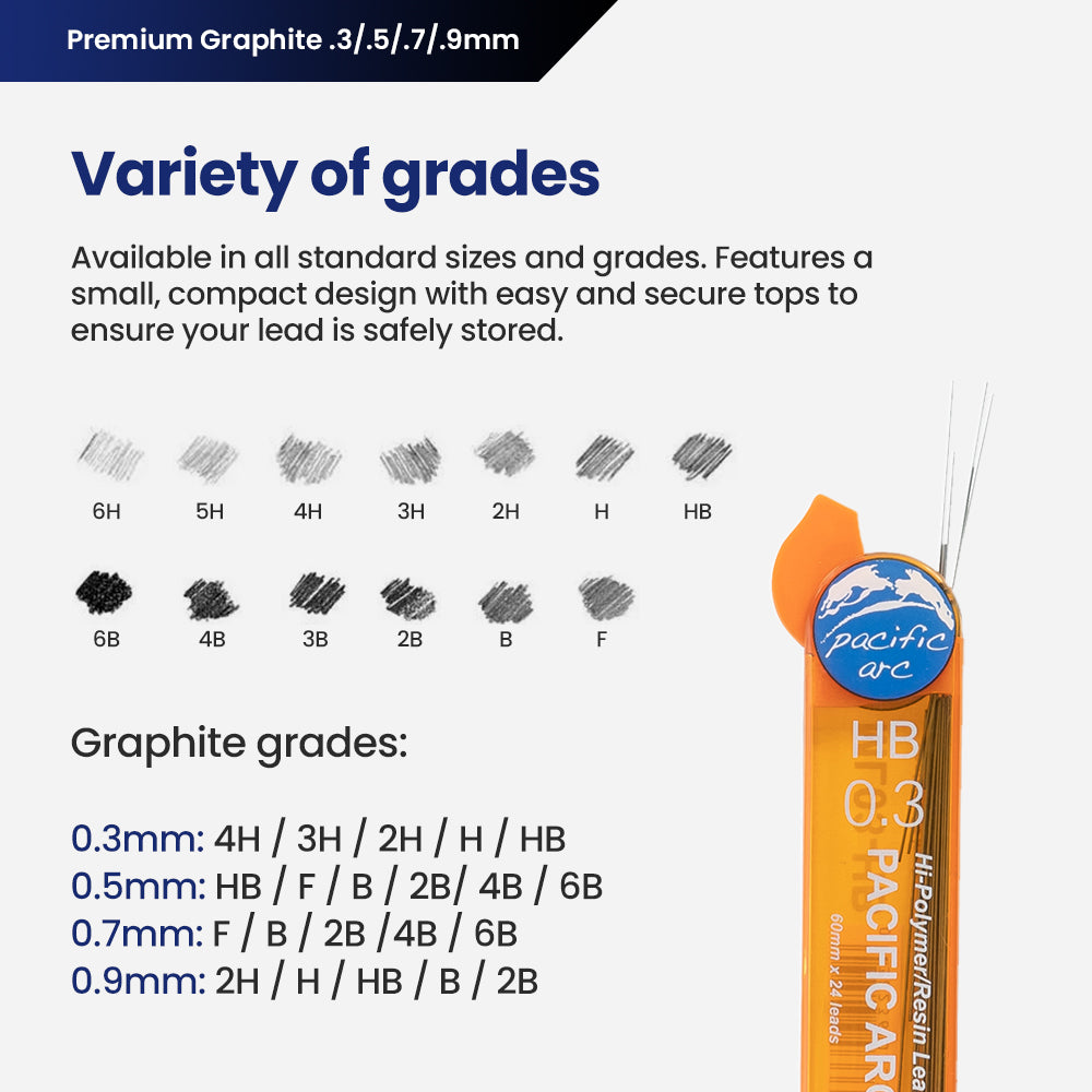 Pacific Arc Mechanical Pencil Refill lead,- 96 or 72 leads - 2H, H, HB, or B - For Art, Sketching, Technical Drawing