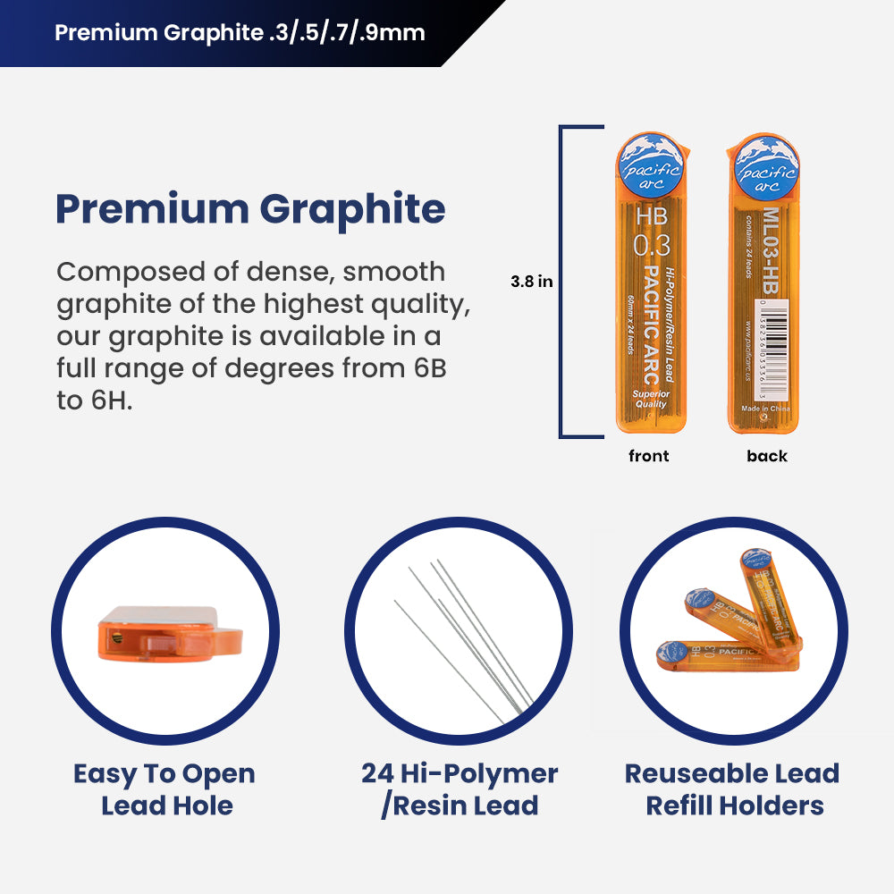Pacific Arc Mechanical Pencil Refill lead,- 96 or 72 leads - 2H, H, HB, or B - For Art, Sketching, Technical Drawing