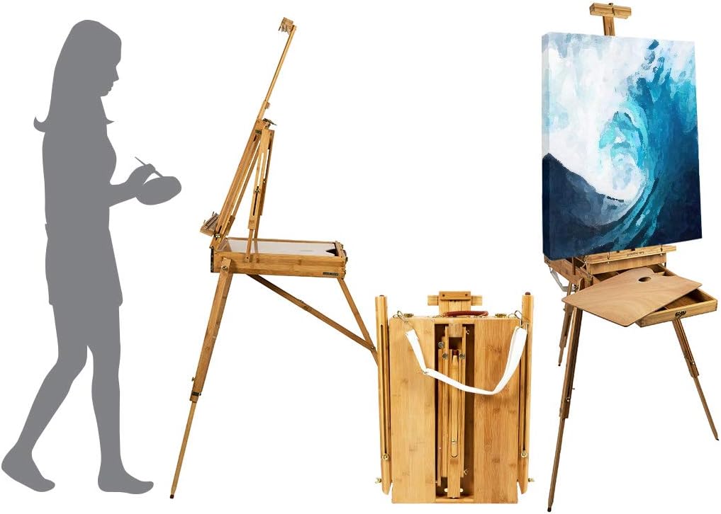 Pacific Arc - Solid Bamboo French Box Field Easel with Palette and Sketchbox, 34 Inch Canvas Size for Painting, Drawing, Watercolors,Sketching, Pictures, Signs, Posterboards