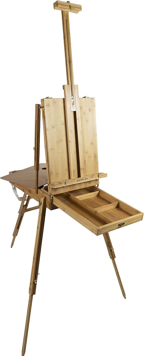 Pacific Arc - Solid Bamboo French Box Field Easel with Palette and Sketchbox, 34 Inch Canvas Size for Painting, Drawing, Watercolors,Sketching, Pictures, Signs, Posterboards