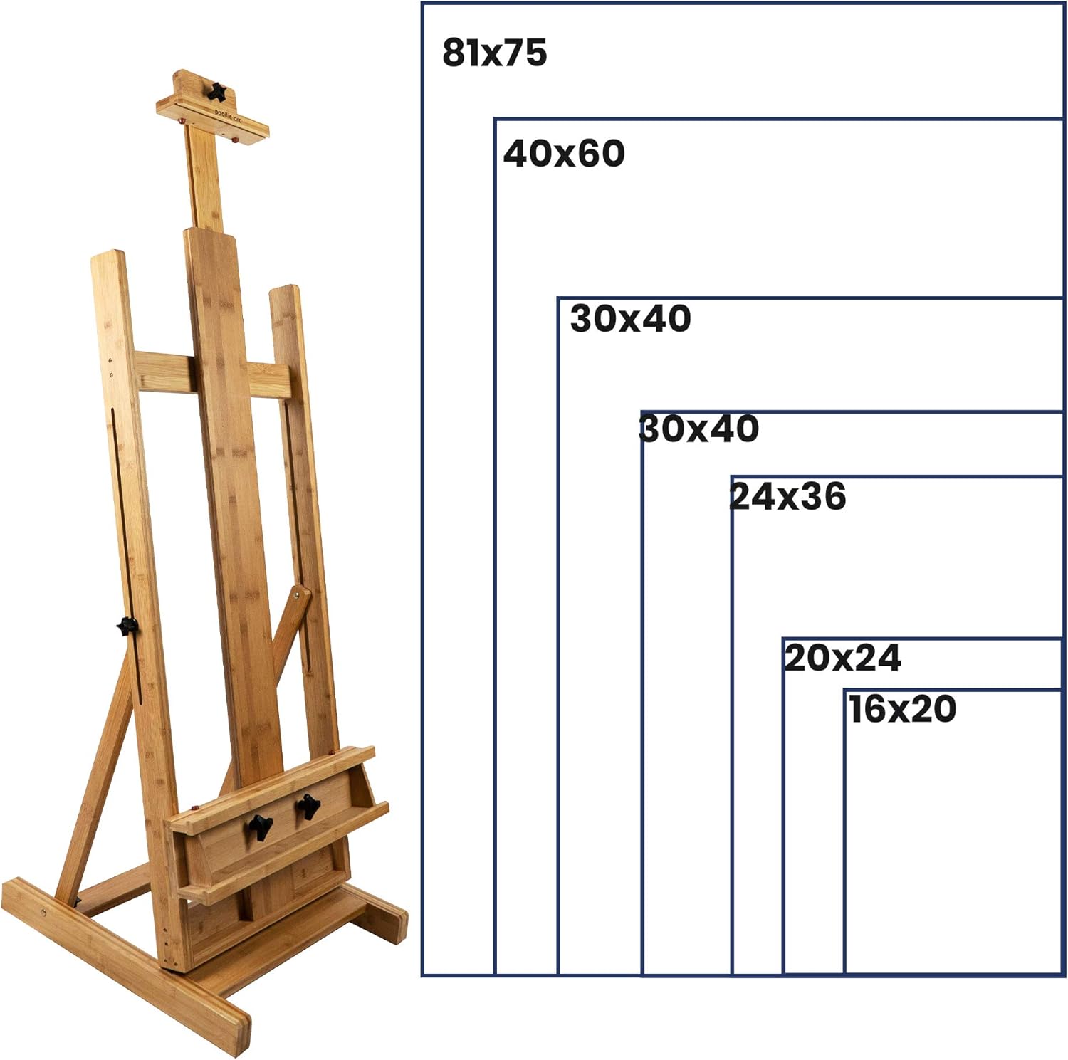 Pacific Arc Large Studio H-Frame Easel - Solid Bamboo Wood Artist Easel Adjustable Movable Tilting Easel, Floor Painting Easel Stand, Holds Canvas Art up to 81"
