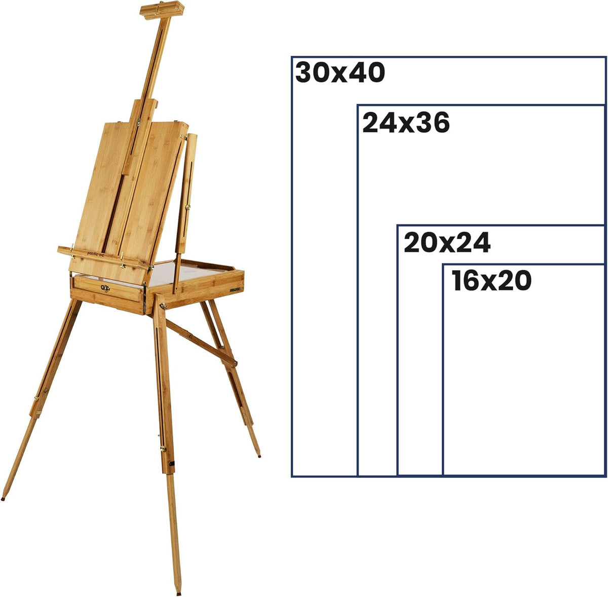 Pacific Arc - Solid Bamboo French Box Field Easel with Palette and Sketchbox, 34 Inch Canvas Size for Painting, Drawing, Watercolors,Sketching, Pictures, Signs, Posterboards