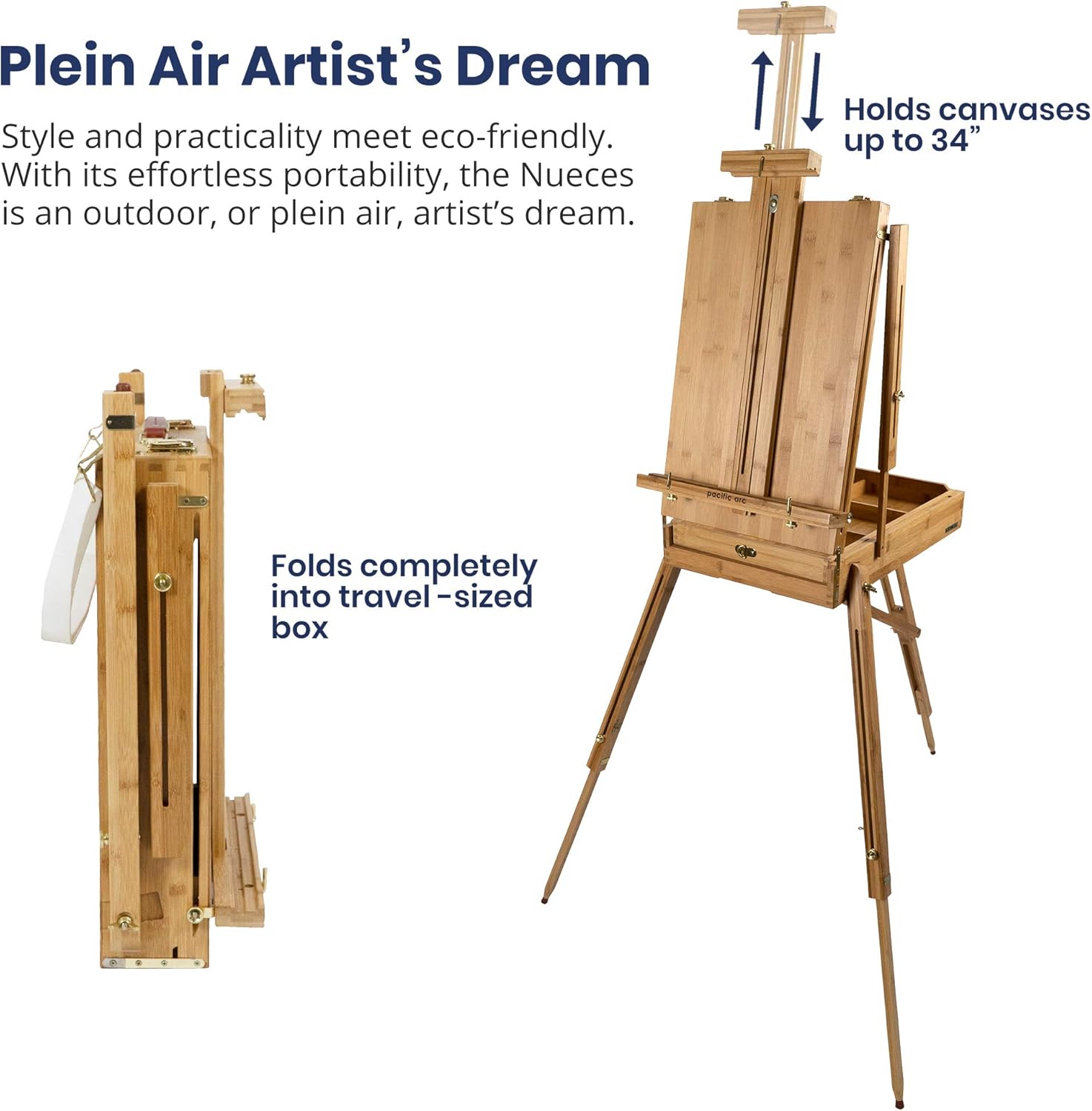 Pacific Arc - Solid Bamboo French Box Field Easel with Palette and Sketchbox, 34 Inch Canvas Size for Painting, Drawing, Watercolors,Sketching, Pictures, Signs, Posterboards