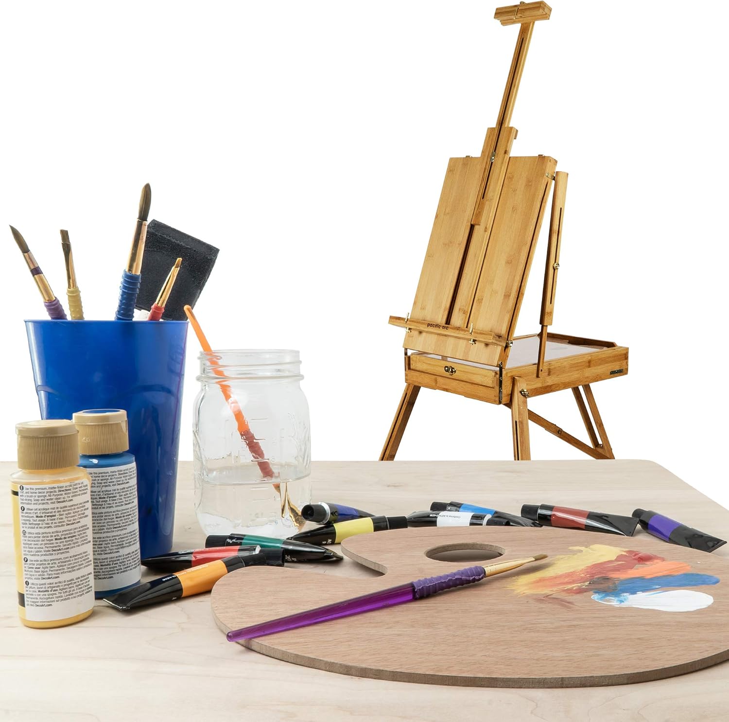 Pacific Arc - Solid Bamboo French Box Field Easel with Palette and Sketchbox, 34 Inch Canvas Size for Painting, Drawing, Watercolors,Sketching, Pictures, Signs, Posterboards