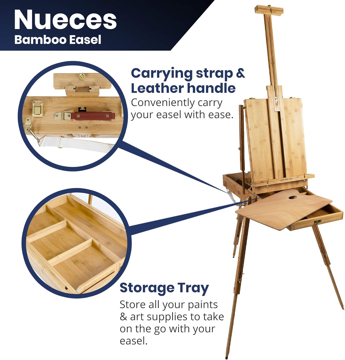 Pacific Arc - Solid Bamboo French Box Field Easel with Palette and Sketchbox, 34 Inch Canvas Size for Painting, Drawing, Watercolors,Sketching, Pictures, Signs, Posterboards