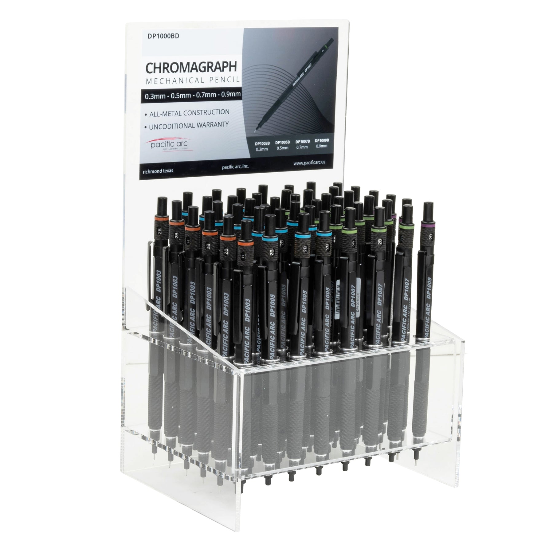 Pacific Arc Chromagraph Display Metal Mechanical Pencil, 0.3, 0.5, 0.7, 0.9 mm Silver or Black Barrel Mechanical Pencil with Built In Lead Grade Indicator, Lead Pencil Holder for Drafting, Sketching, and Drawing