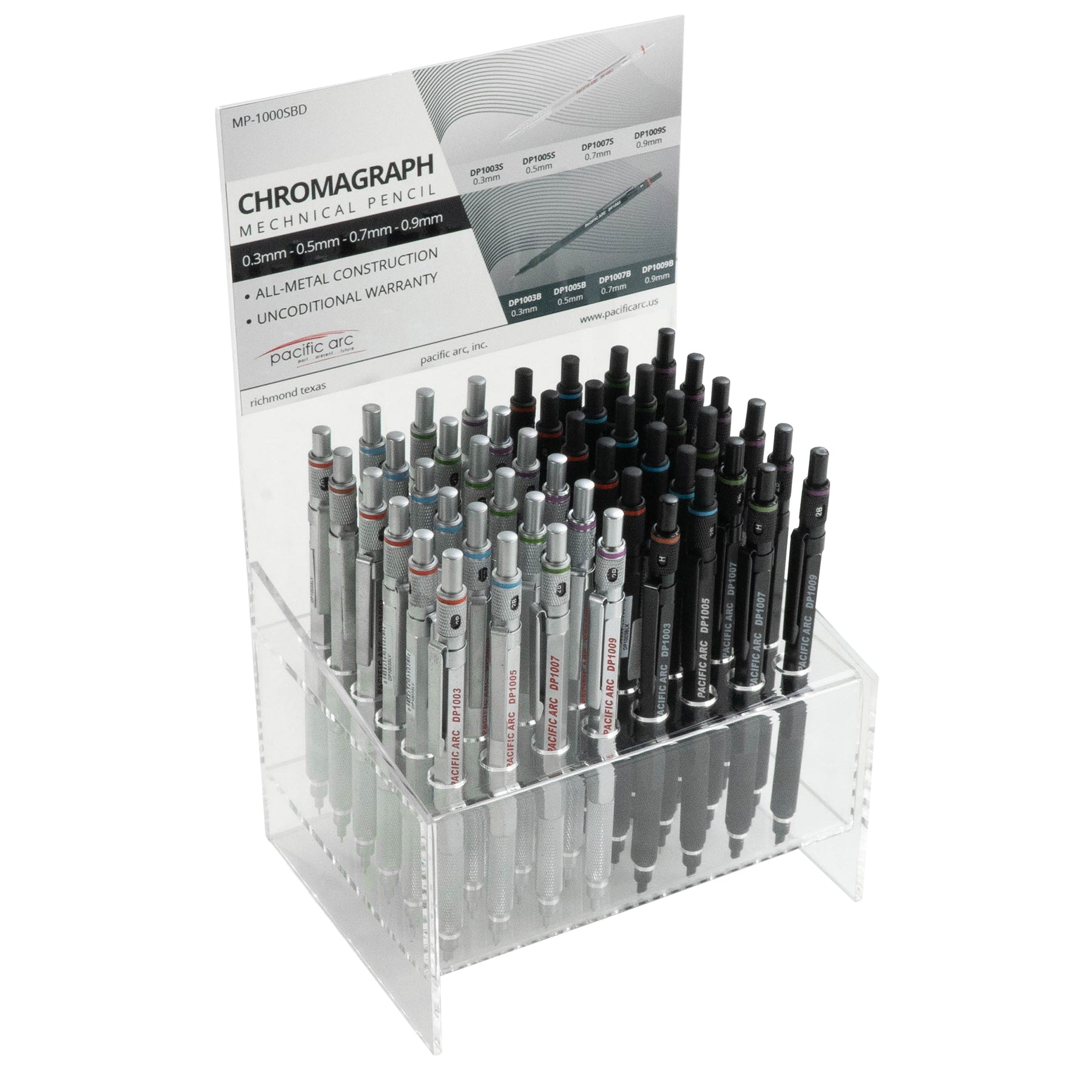 Pacific Arc Chromagraph Display Metal Mechanical Pencil, 0.3, 0.5, 0.7, 0.9 mm Silver or Black Barrel Mechanical Pencil with Built In Lead Grade Indicator, Lead Pencil Holder for Drafting, Sketching, and Drawing