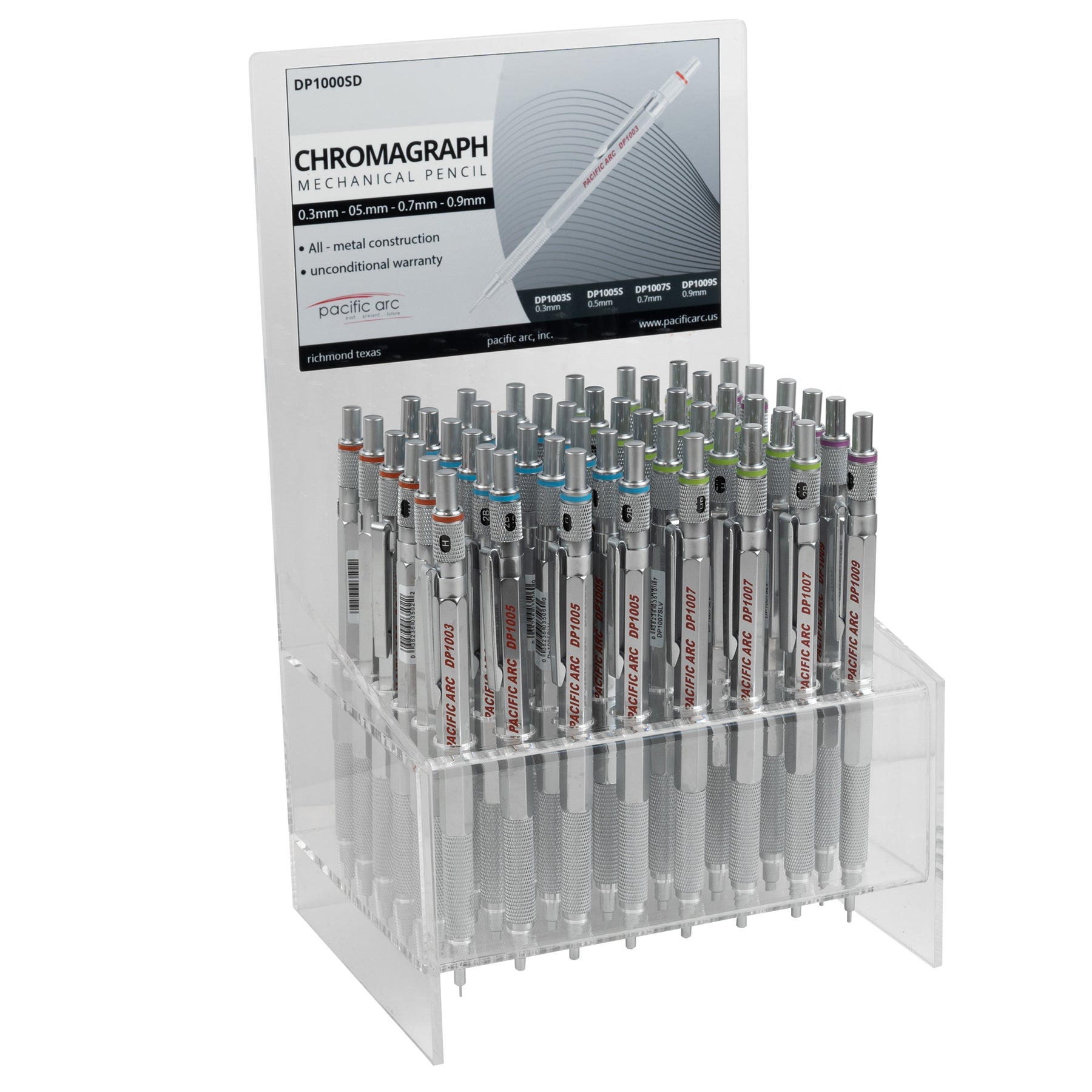 Pacific Arc Chromagraph Display Metal Mechanical Pencil, 0.3, 0.5, 0.7, 0.9 mm Silver or Black Barrel Mechanical Pencil with Built In Lead Grade Indicator, Lead Pencil Holder for Drafting, Sketching, and Drawing
