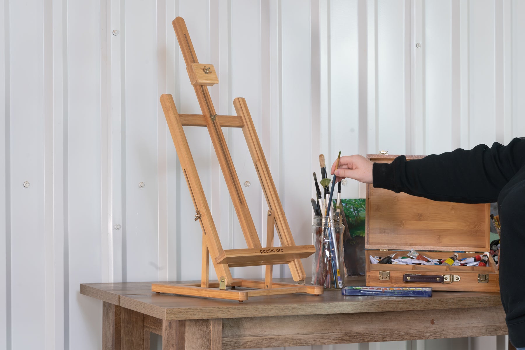 Pacific Arc Bamboo Table Top H-Frame Art Easel, 21 Inch Canvases for Painting, Drawing, Watercolors,Sketching, Pictures, Signs, Posterboards for Artists, Hobbyists, Students, and Professionals