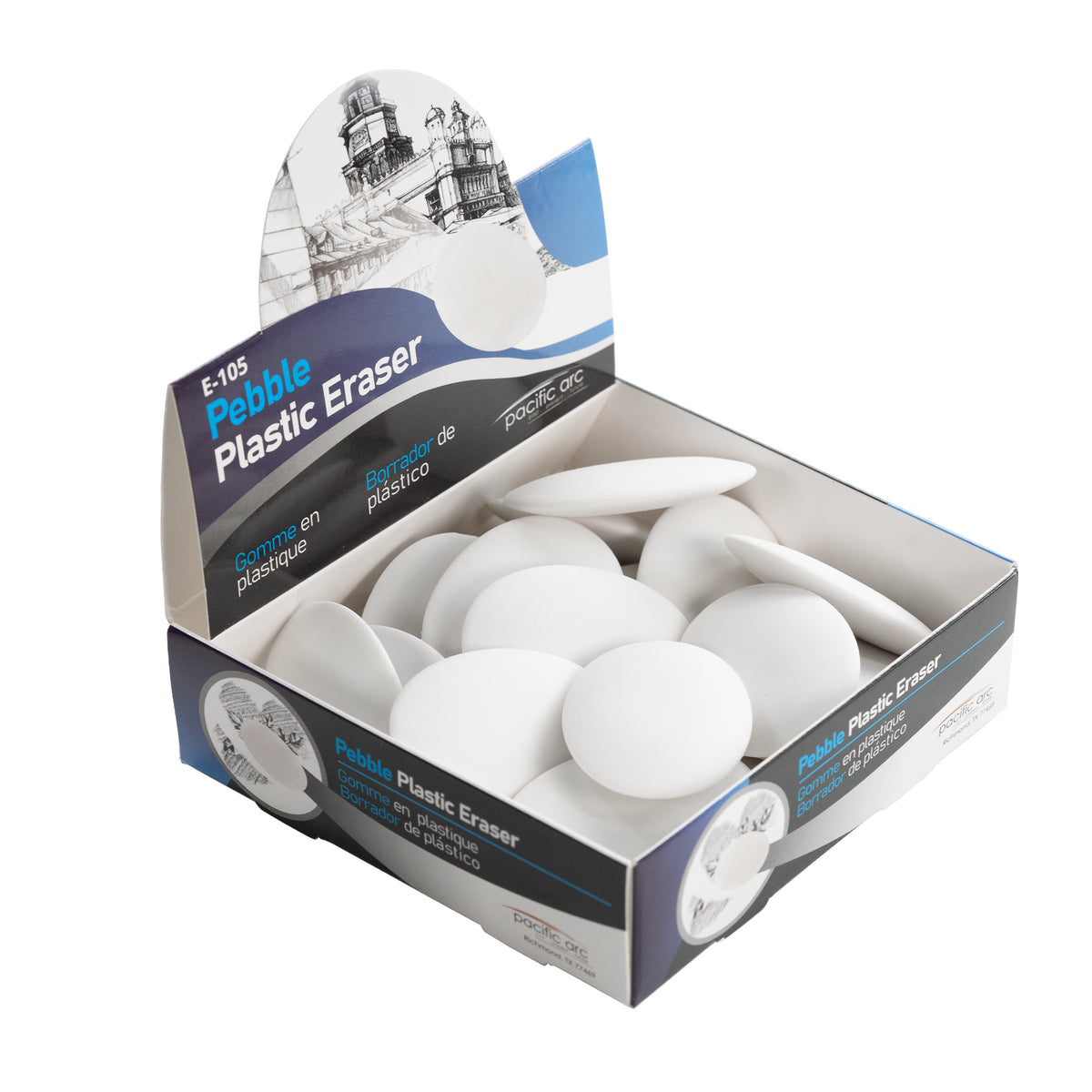 Pacific Arc Eraser Display: Pebble - thin, round plastic - white