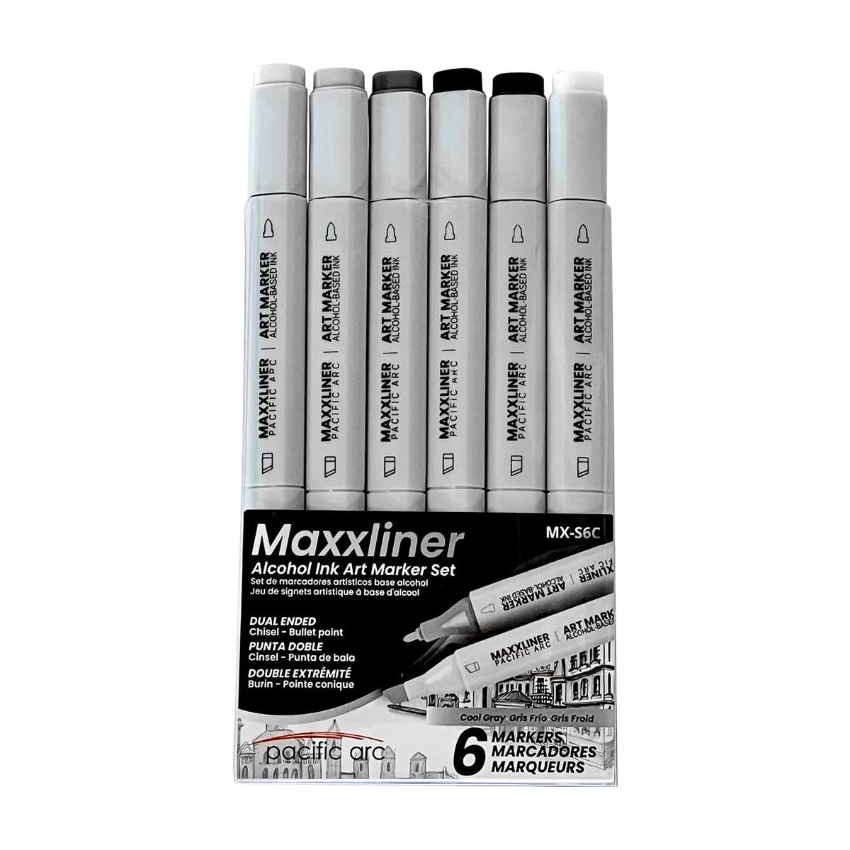 Pacific Arc - Maxxliner - Alcohol Based - Dual Tip Markers Set- For Artist, Professional or School Work - 6 colored markers set