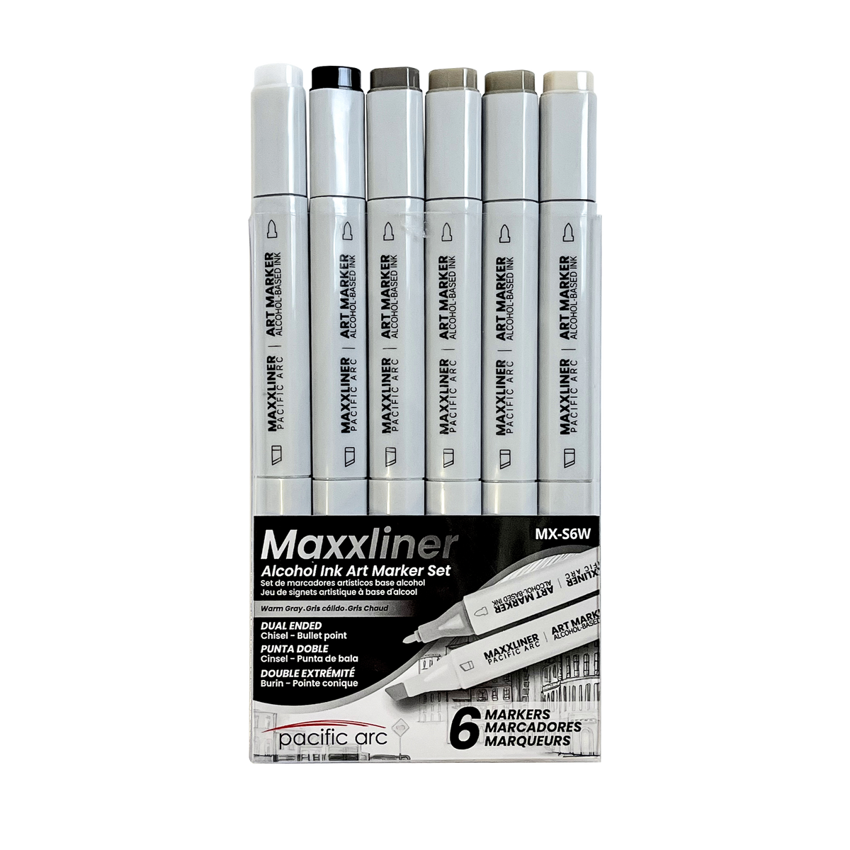 Pacific Arc - Maxxliner - Alcohol Based - Dual Tip Markers Set- For Artist, Professional or School Work - 6 colored markers set