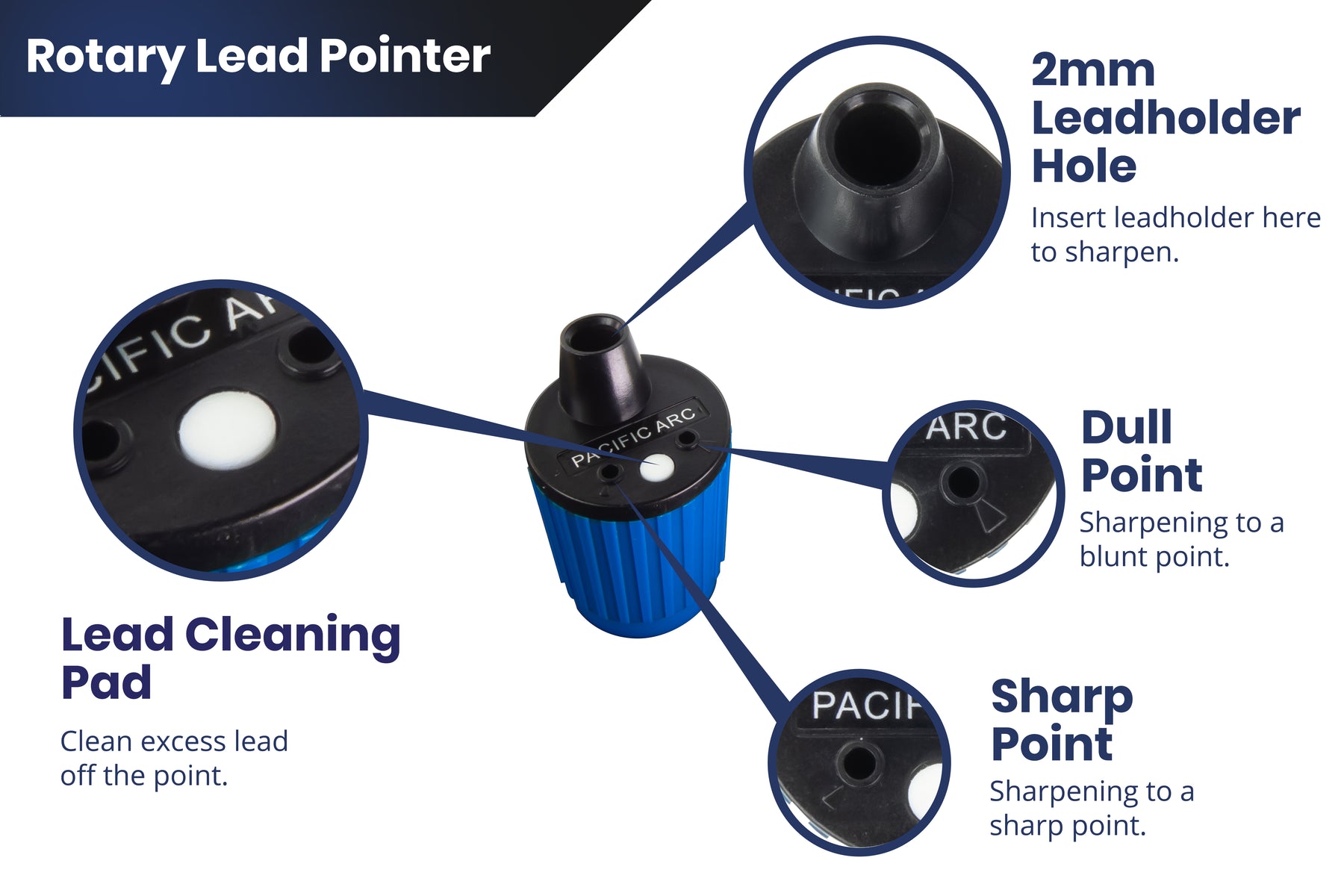 Pacific Arc, Hand Held Rotary Lead Pointer with Sharp and Blunt Settings and Lead Cleaner, Blue