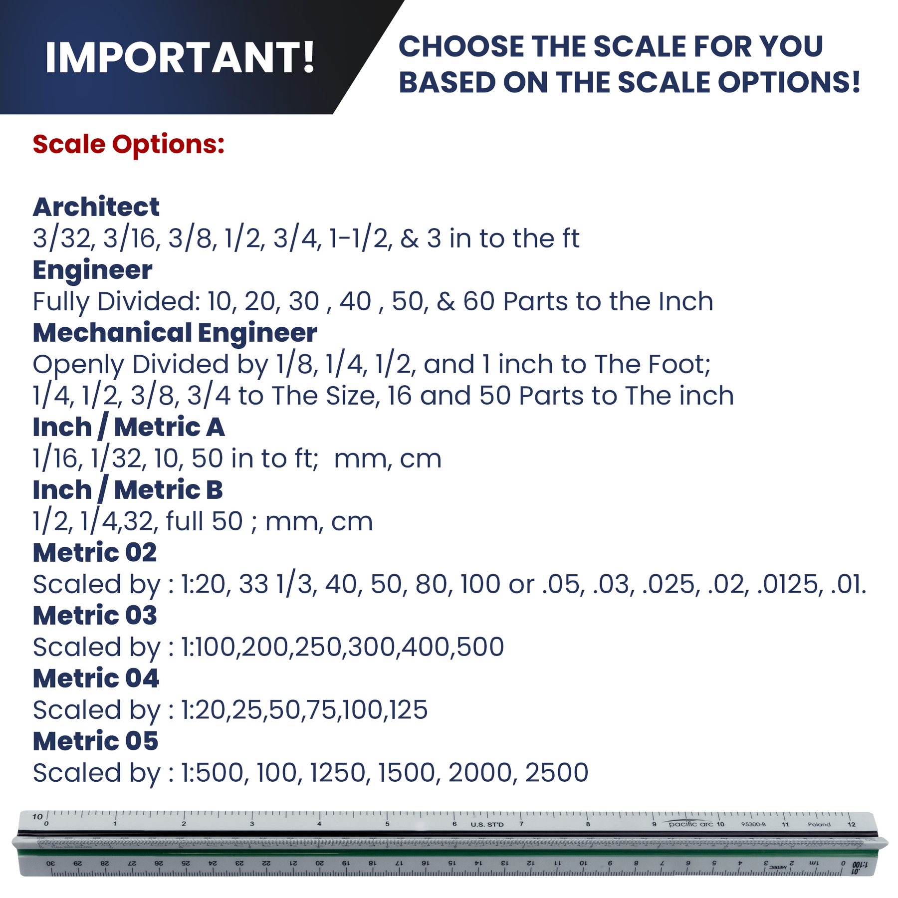 Pacific Arc, Architect & Engineer, Color Coded Triangular Scale Rulers w/ Acid Etched Markings.