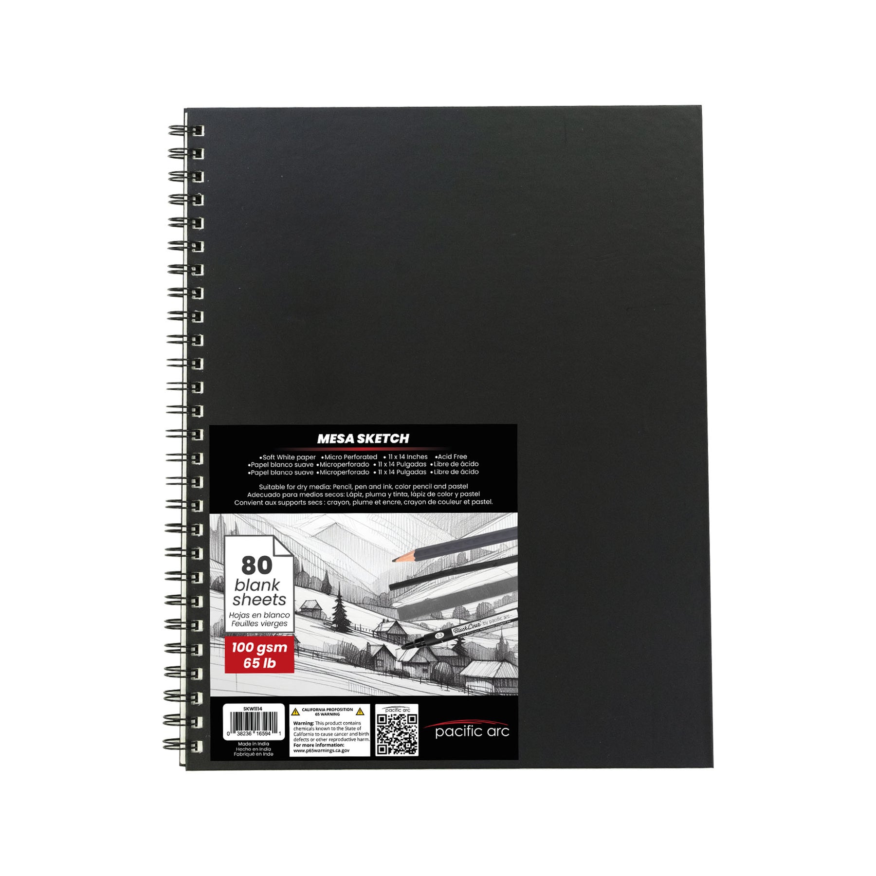Pacific Arc Mesa Sketchbook - black wire-bound, hard cover with micro-perforated pages 80 sheets 65lb paper