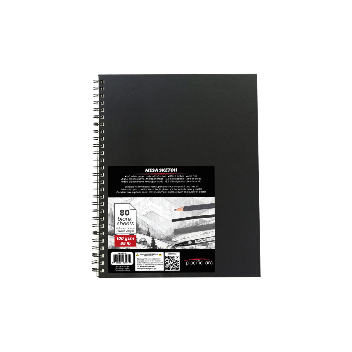 Pacific Arc Mesa Sketchbook - black wire-bound, hard cover with micro-perforated pages 80 sheets 65lb paper