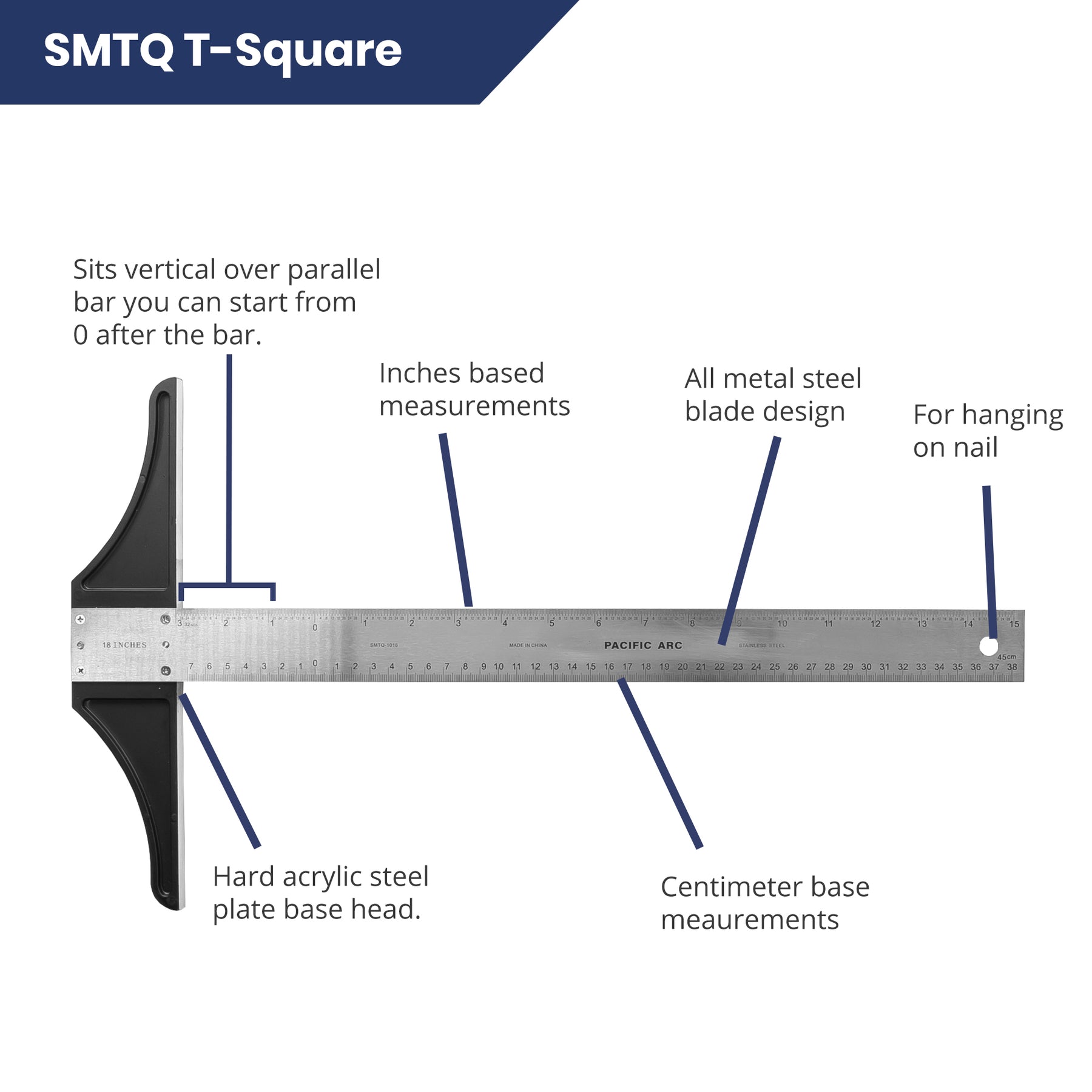 Pacific Arc 18 To 48 Inch T Square, Traditional Stainless Steel, Graduated Inch and Metric