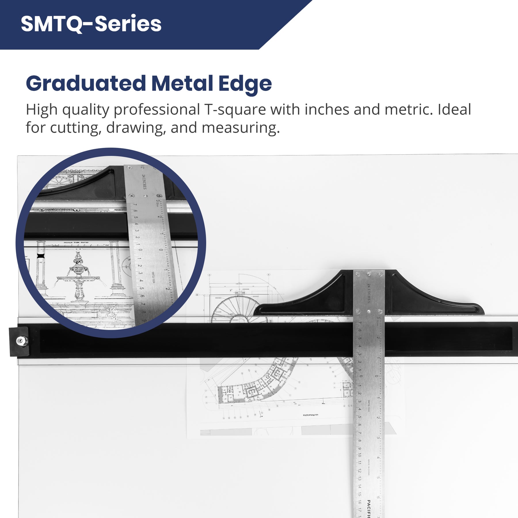 Pacific Arc 18 To 48 Inch T Square, Traditional Stainless Steel, Graduated Inch and Metric