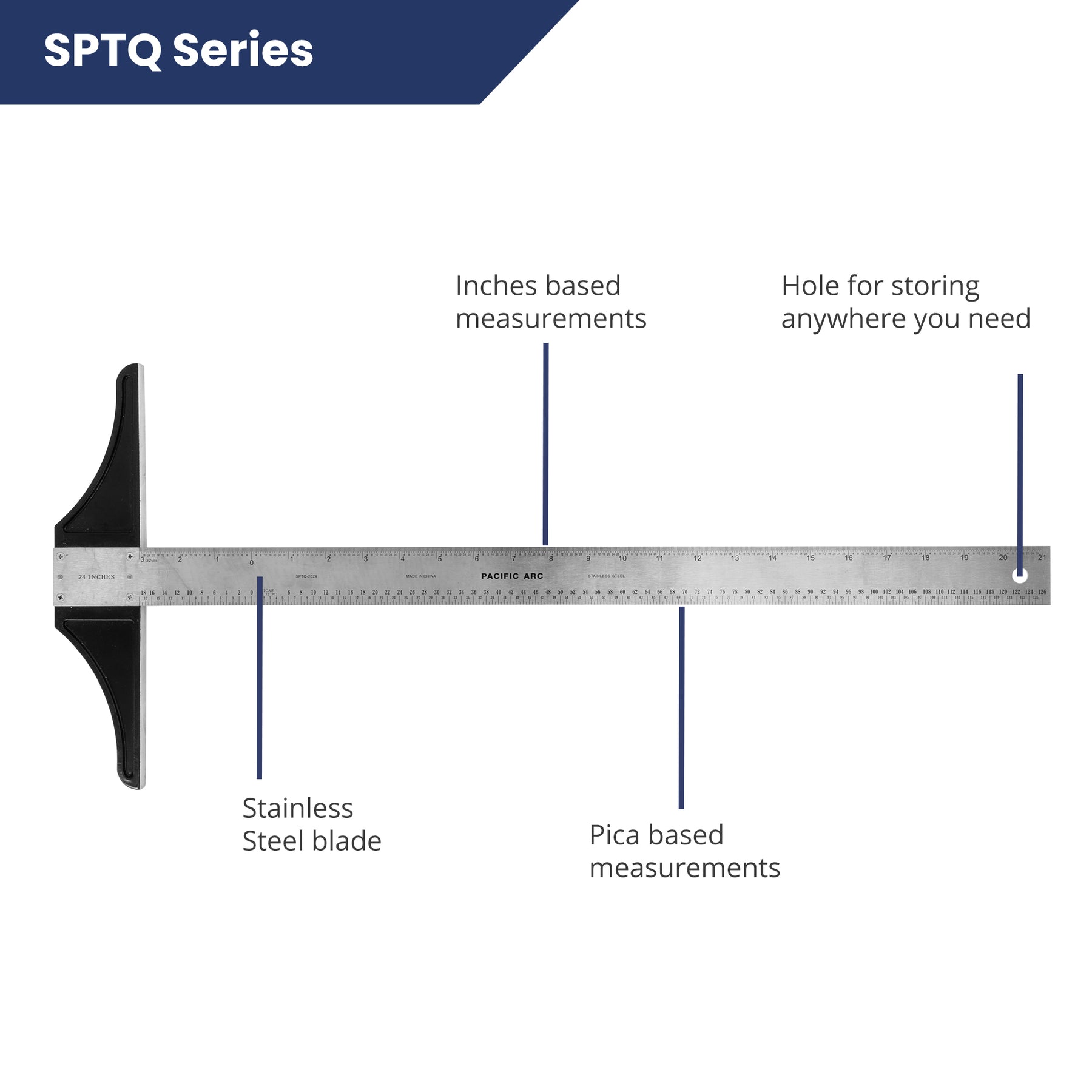 Pacific Arc 18 To 48 Inch T Square, Traditional Stainless Steel, Graduated Inch and Pica