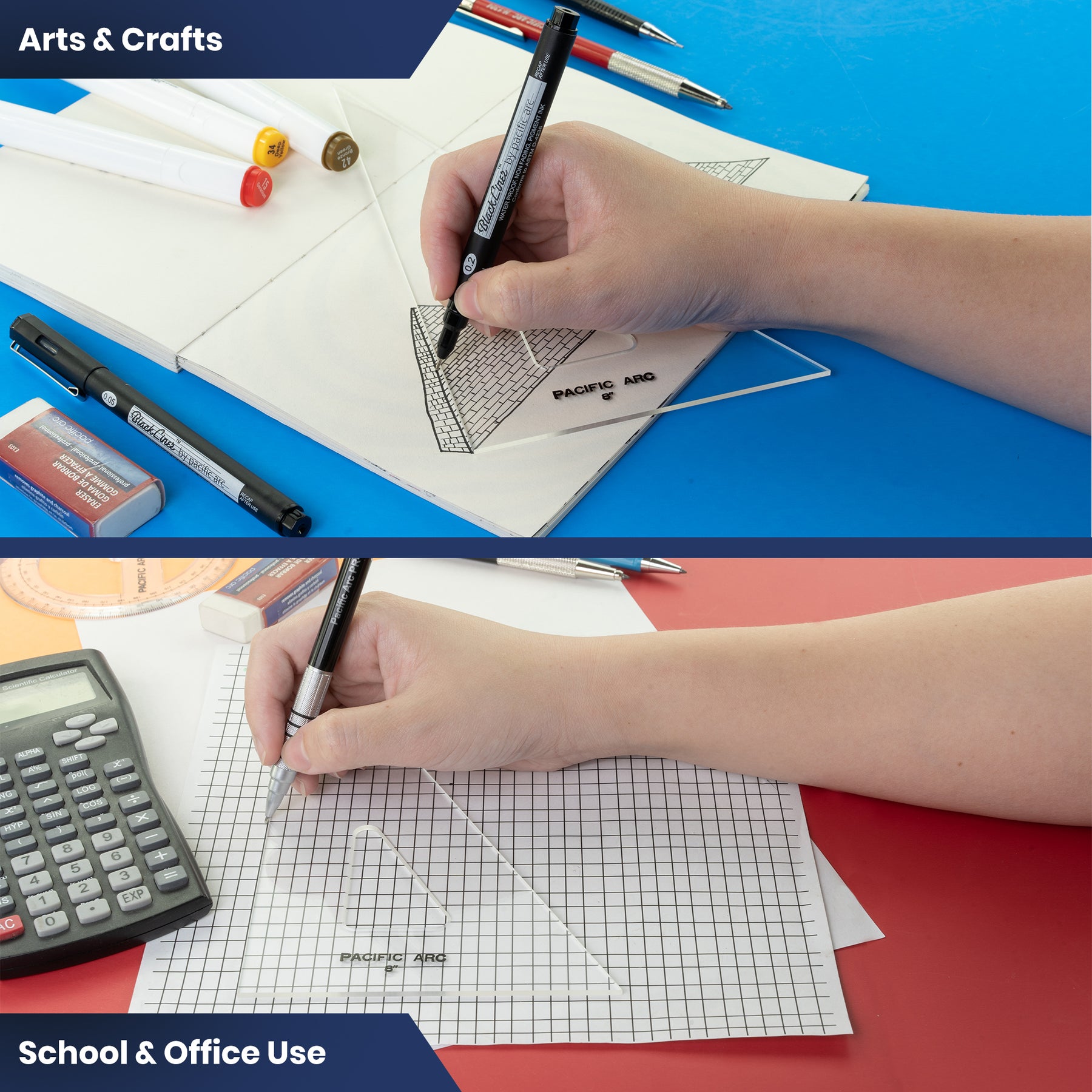 Pacific Arc Drafting Triangle, Large Size, 16 inch - 24 inch, 30/60/90 Degrees or 45/90 Degrees, Clear Acrylic, Plain Edge for professionals and students