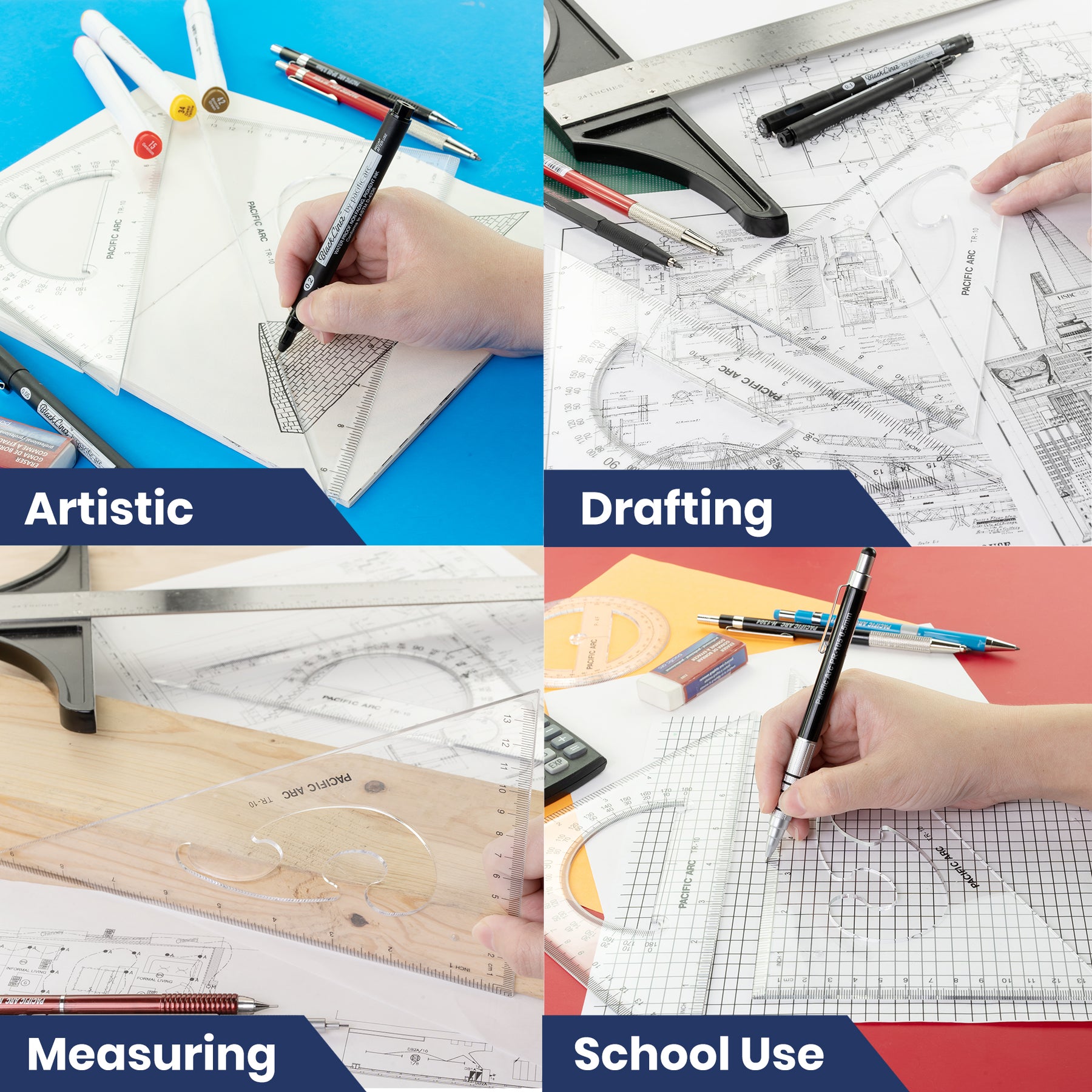 Pacific Arc - Scholastic Triangle Set 30/60 & 45/90 - 8", 10", or 12" Size - Student, Professional or DIY use, 45/90 degree and 30/60 degree triangle set for Geometry, Drawing, and Drafting