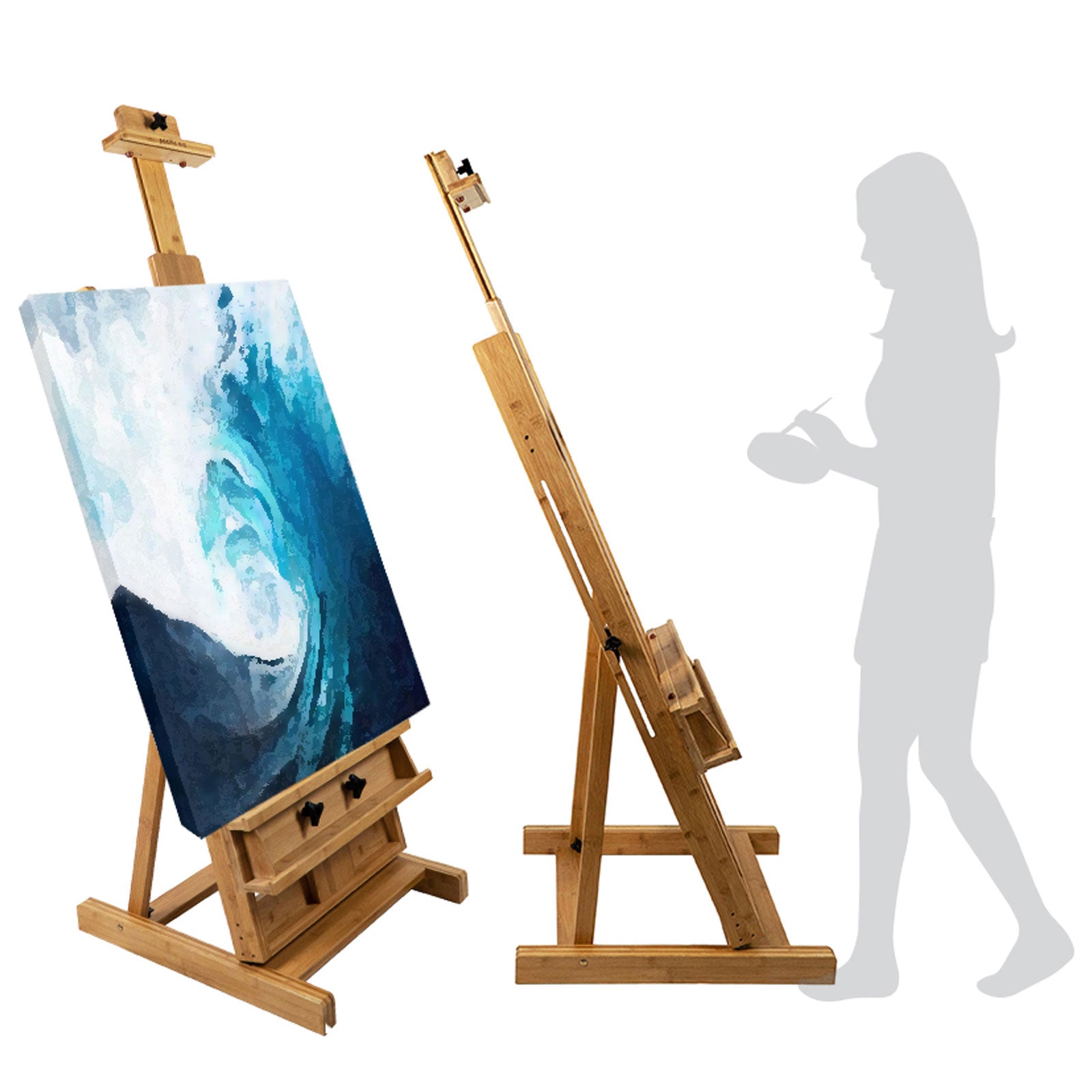 Pacific Arc Large Studio H-Frame Easel - Solid Bamboo Wood Artist Easel Adjustable Movable Tilting Easel, Floor Painting Easel Stand, Holds Canvas Art up to 81"
