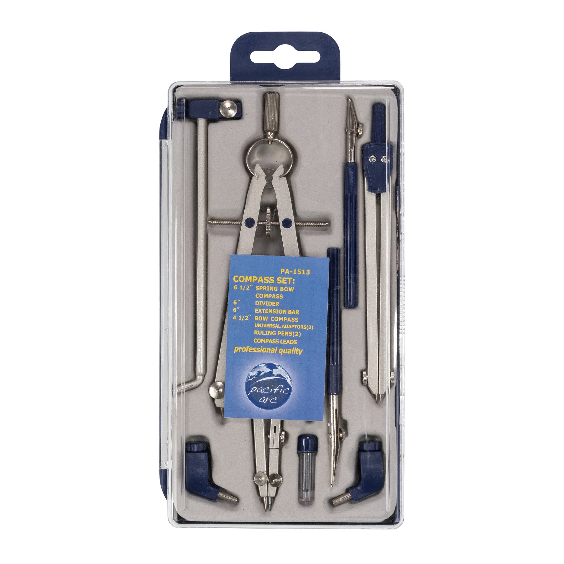 Pacific Arc, Spring Bow Compass with Extension bar, ruling Pen, 6 inch Divider, Universal Adaptor, 6 inch Break Leg, and Replacement Lead.