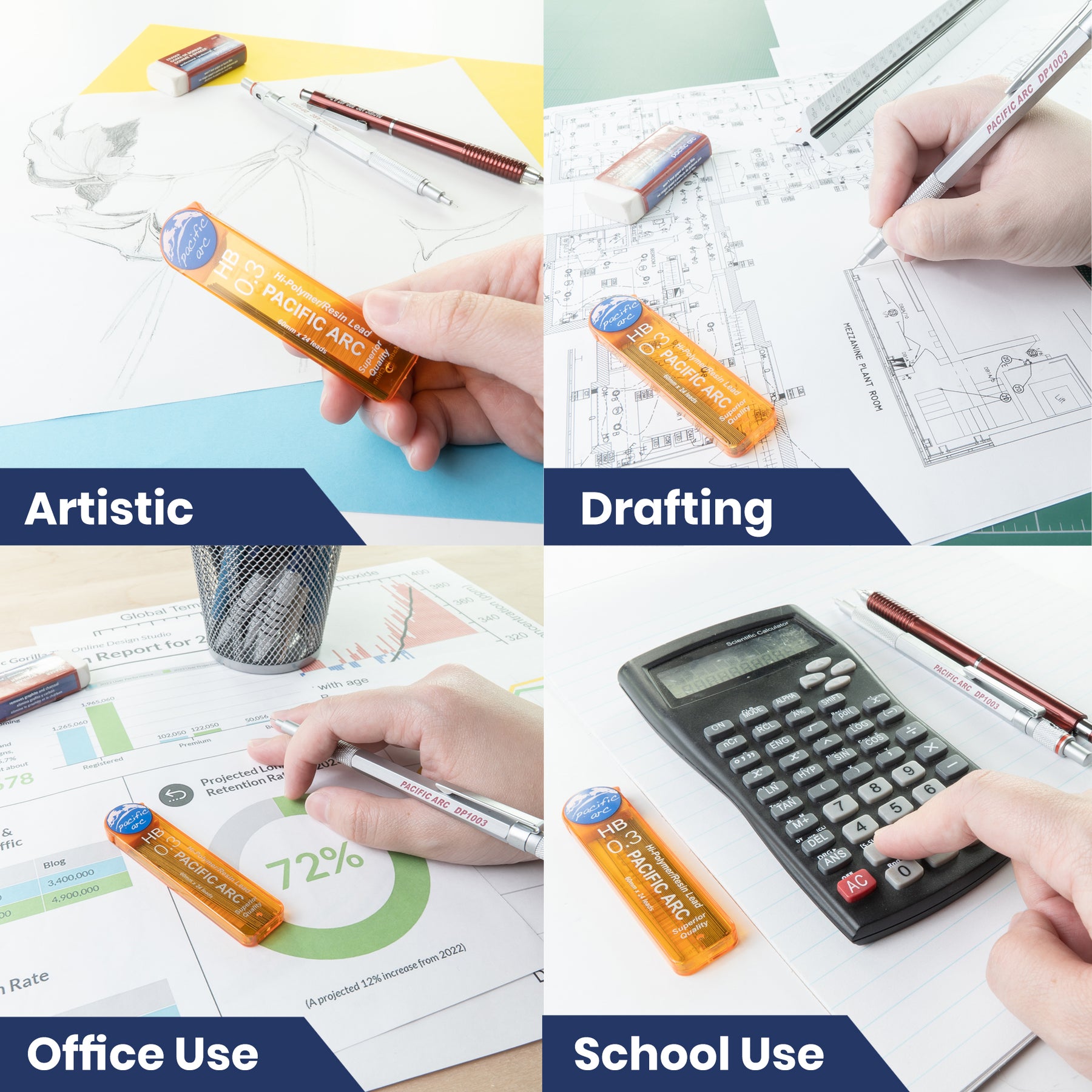 Pacific Arc Mechanical Pencil Refill lead,- 96 or 72 leads - 2H, H, HB, or B - For Art, Sketching, Technical Drawing