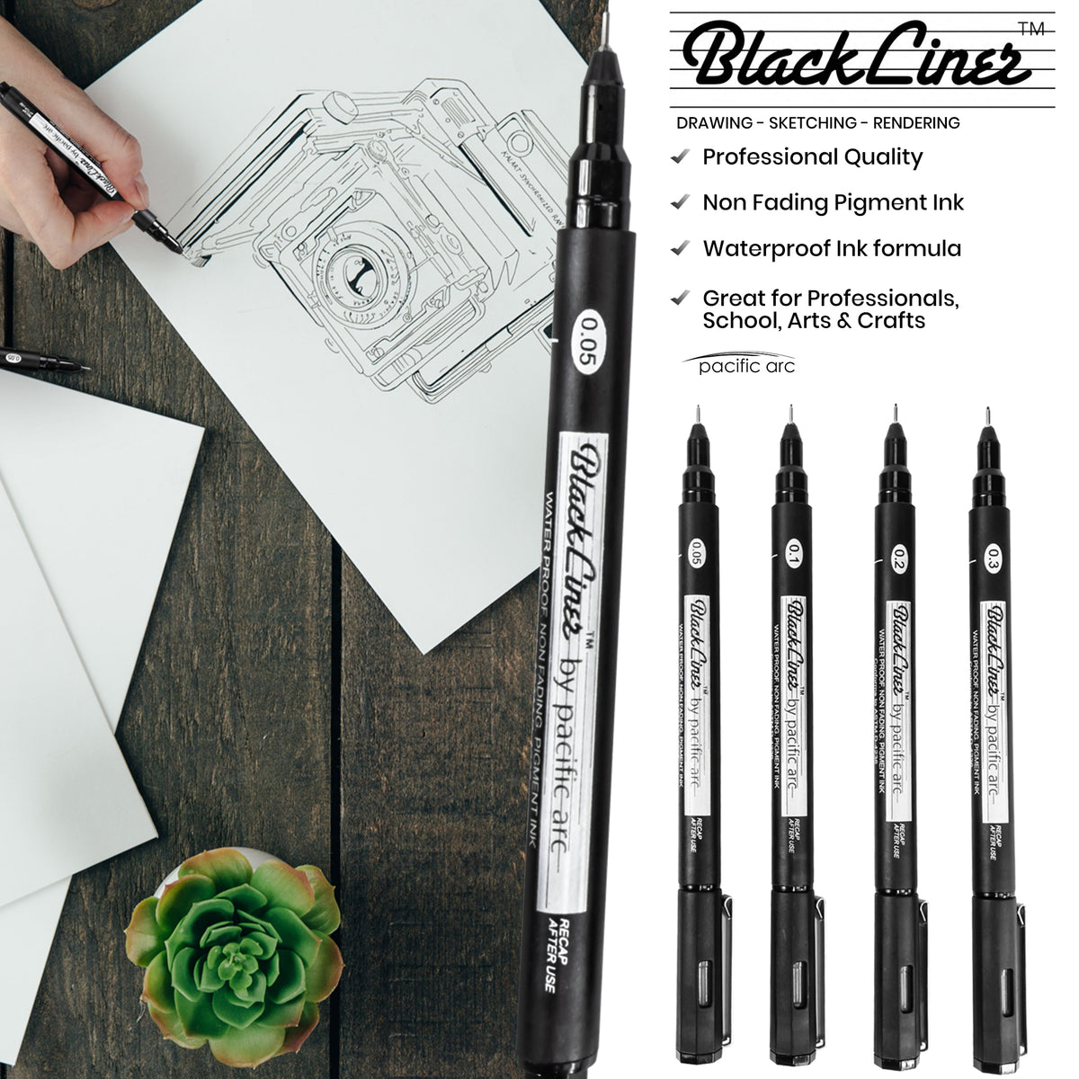 Pacific Arc | Blackliner Black Fineliner Pens | Differently Sized Fine Drawing Pens