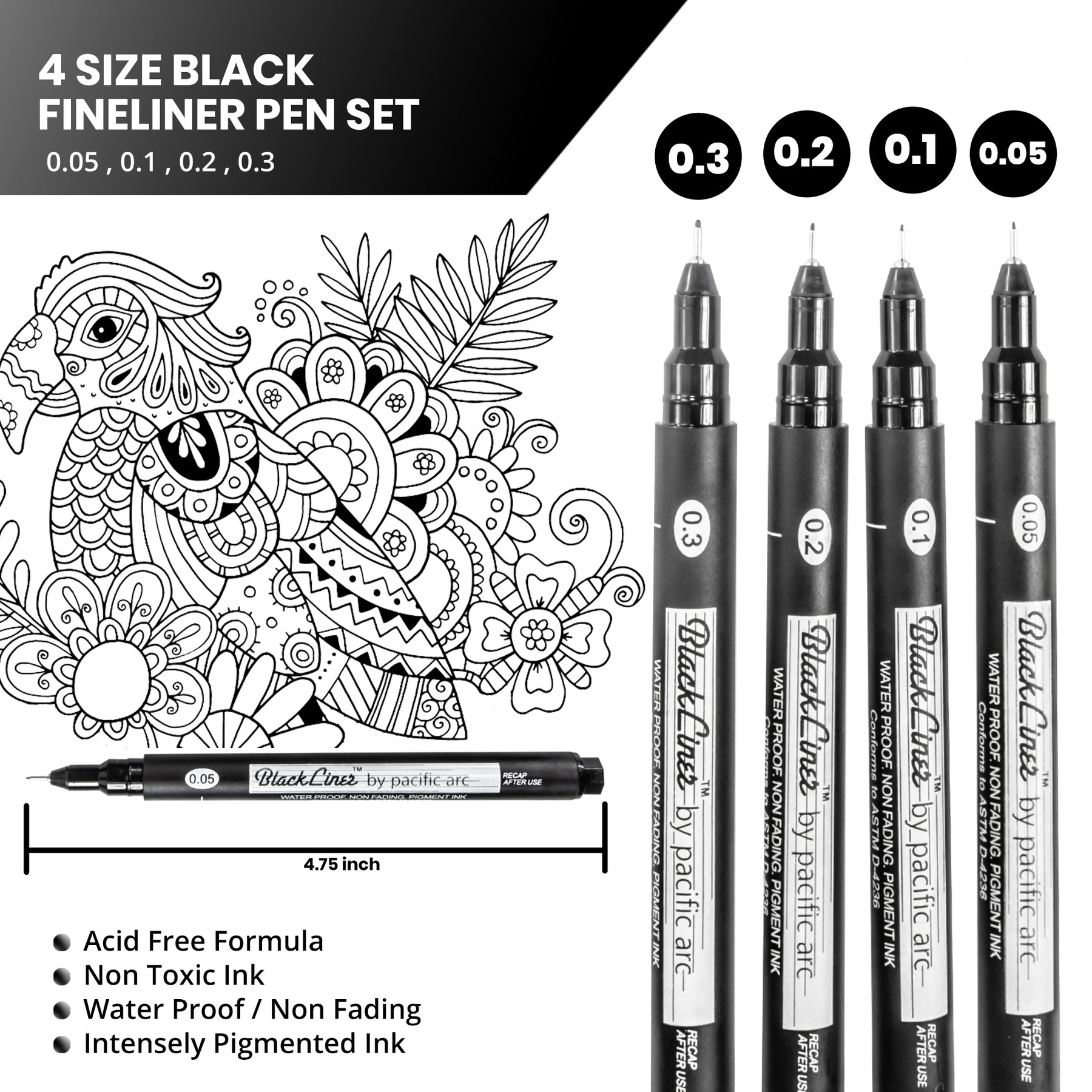 Pacific Arc | Blackliner Black Fineliner Pens | Differently Sized Fine Drawing Pens