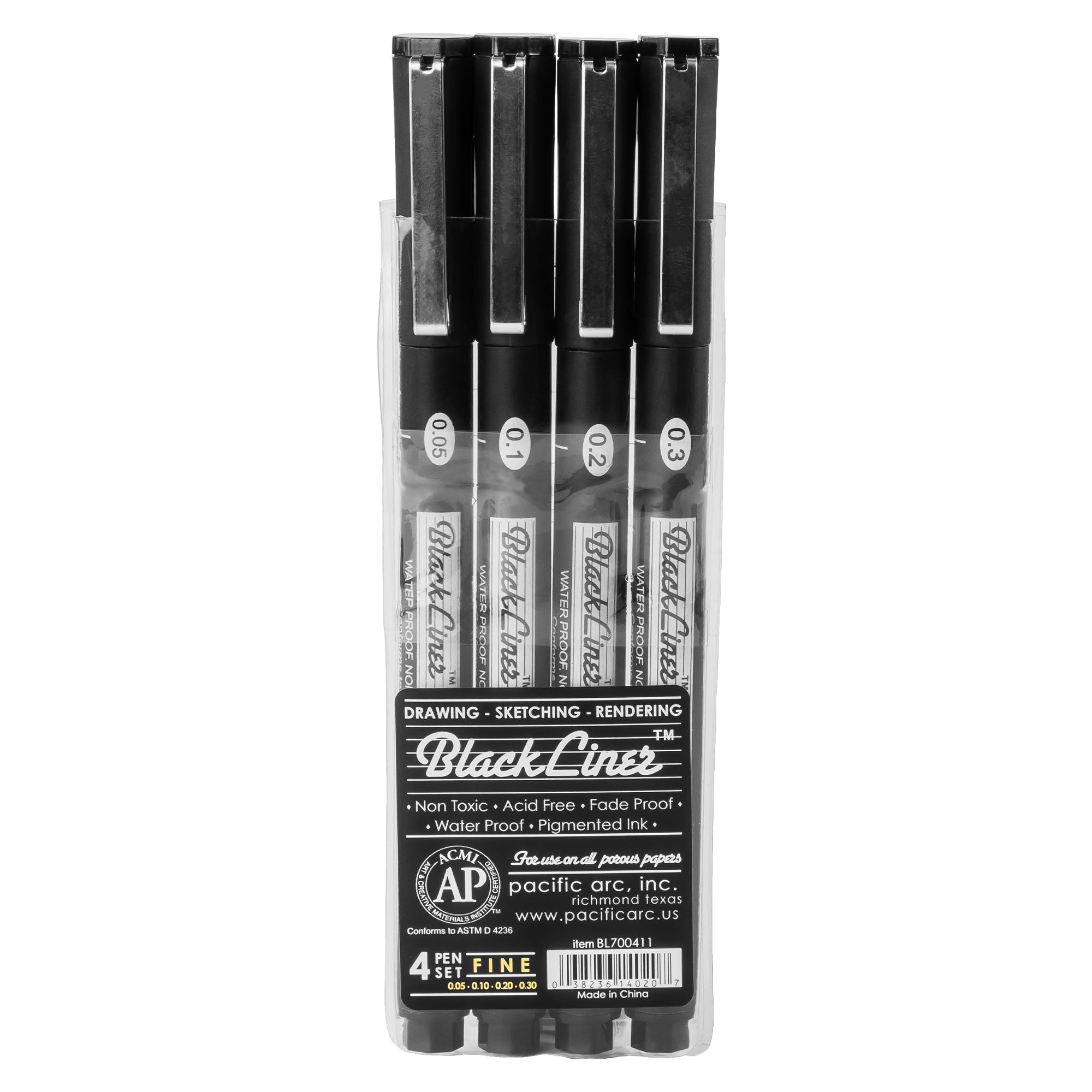 pacific arc blackliner black fineliner pens, set of 4 differently sized  broad drawing pens for artists, sketching pens, journ