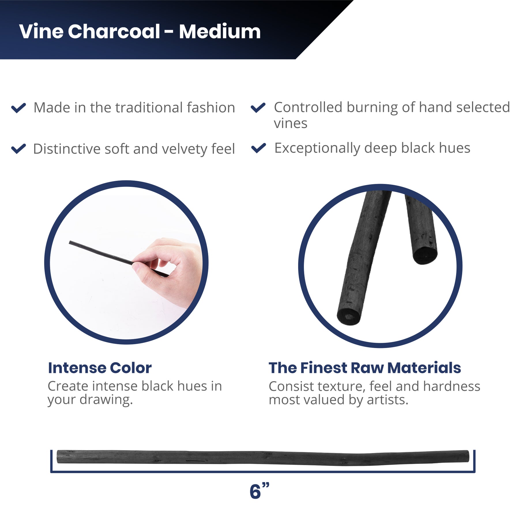 Pacific Arc - Artist Vine Charcoal, Soft, Black 4 Charcoal Sticks for Drawing, Sketching, and Fine Art