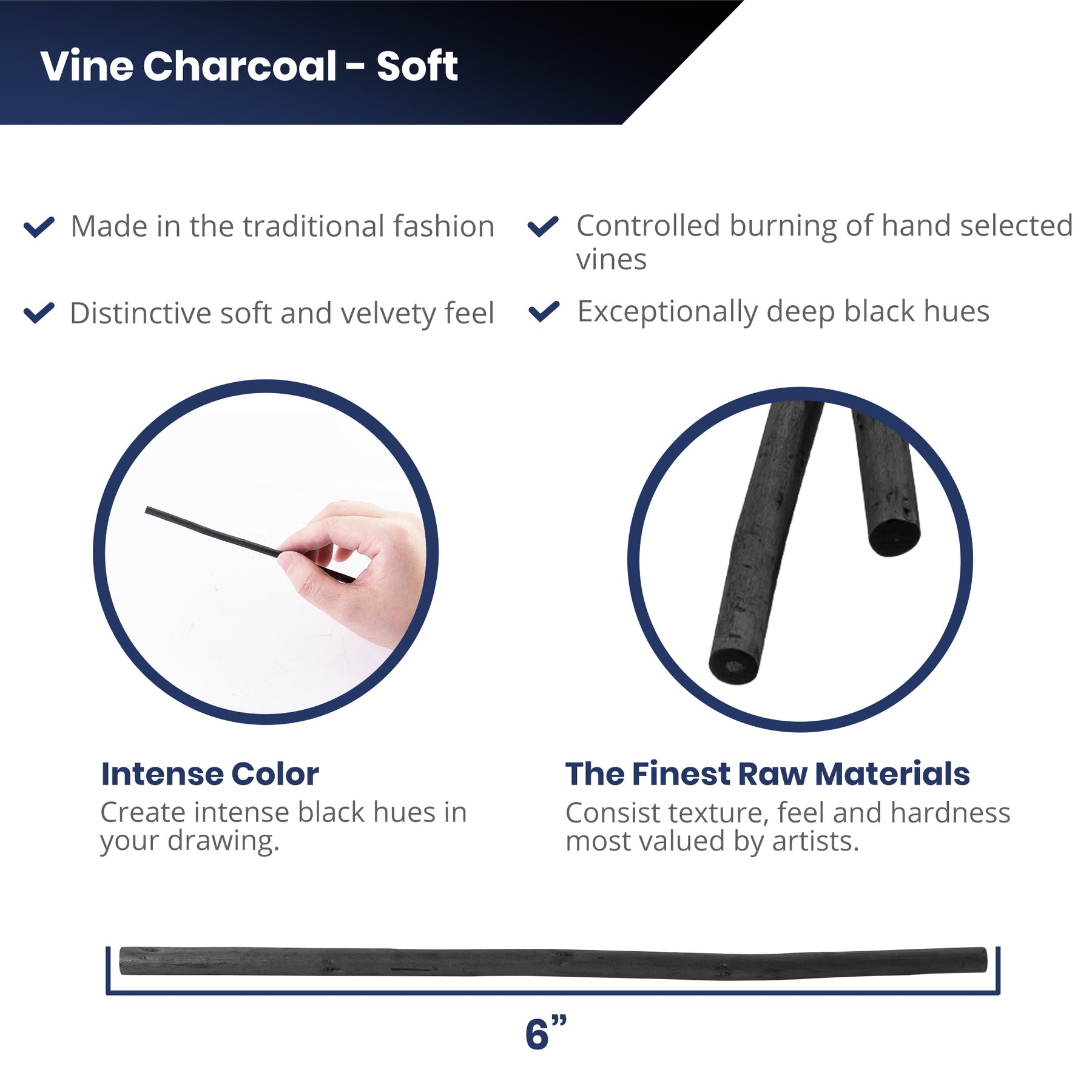 Pacific Arc - Artist Vine Charcoal, Soft, Black 4 Charcoal Sticks for Drawing, Sketching, and Fine Art