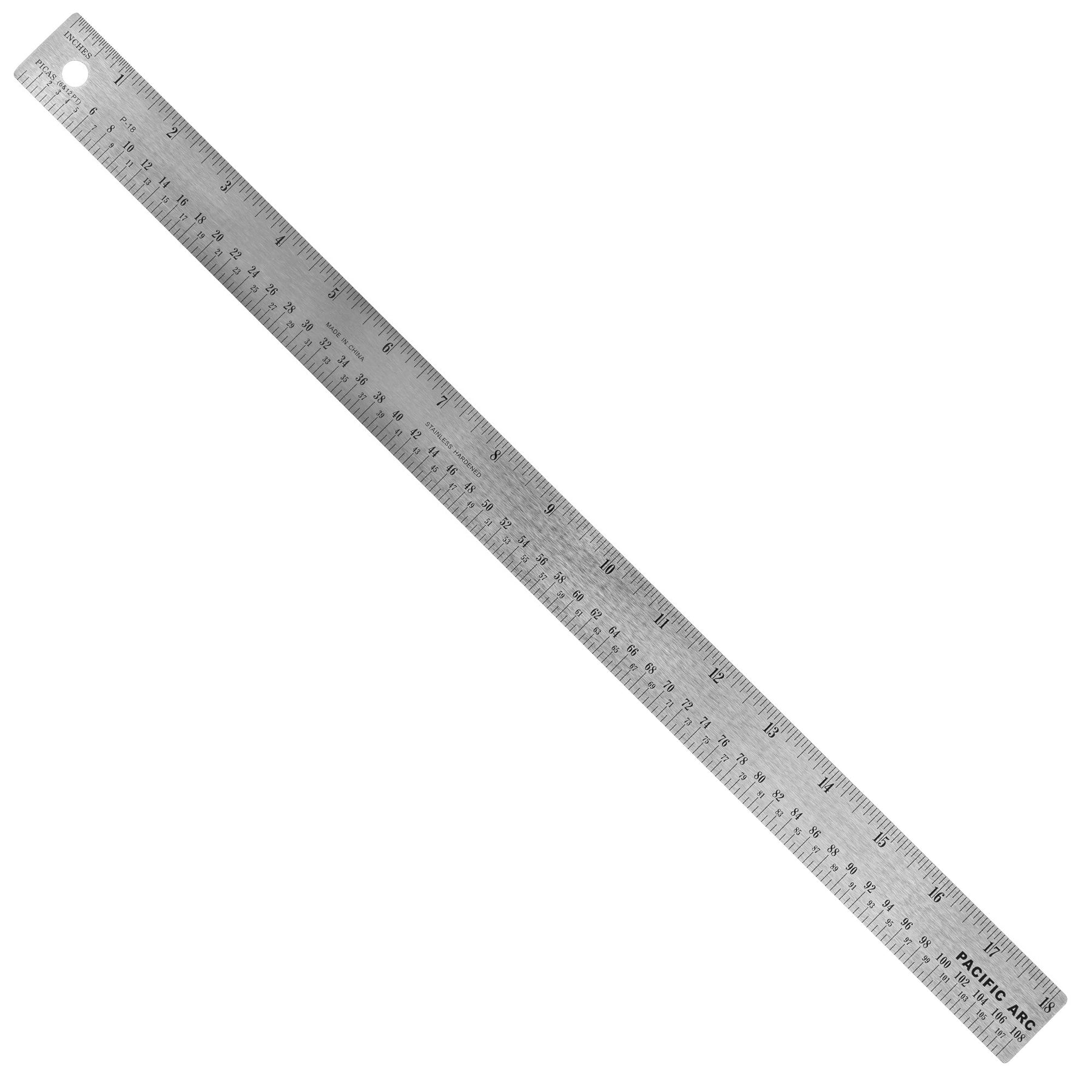 Pacific Arc, Stainless Steel Ruler with Inch (32nd & 64th) and Pica, Non Skid Cork or Rubber Back