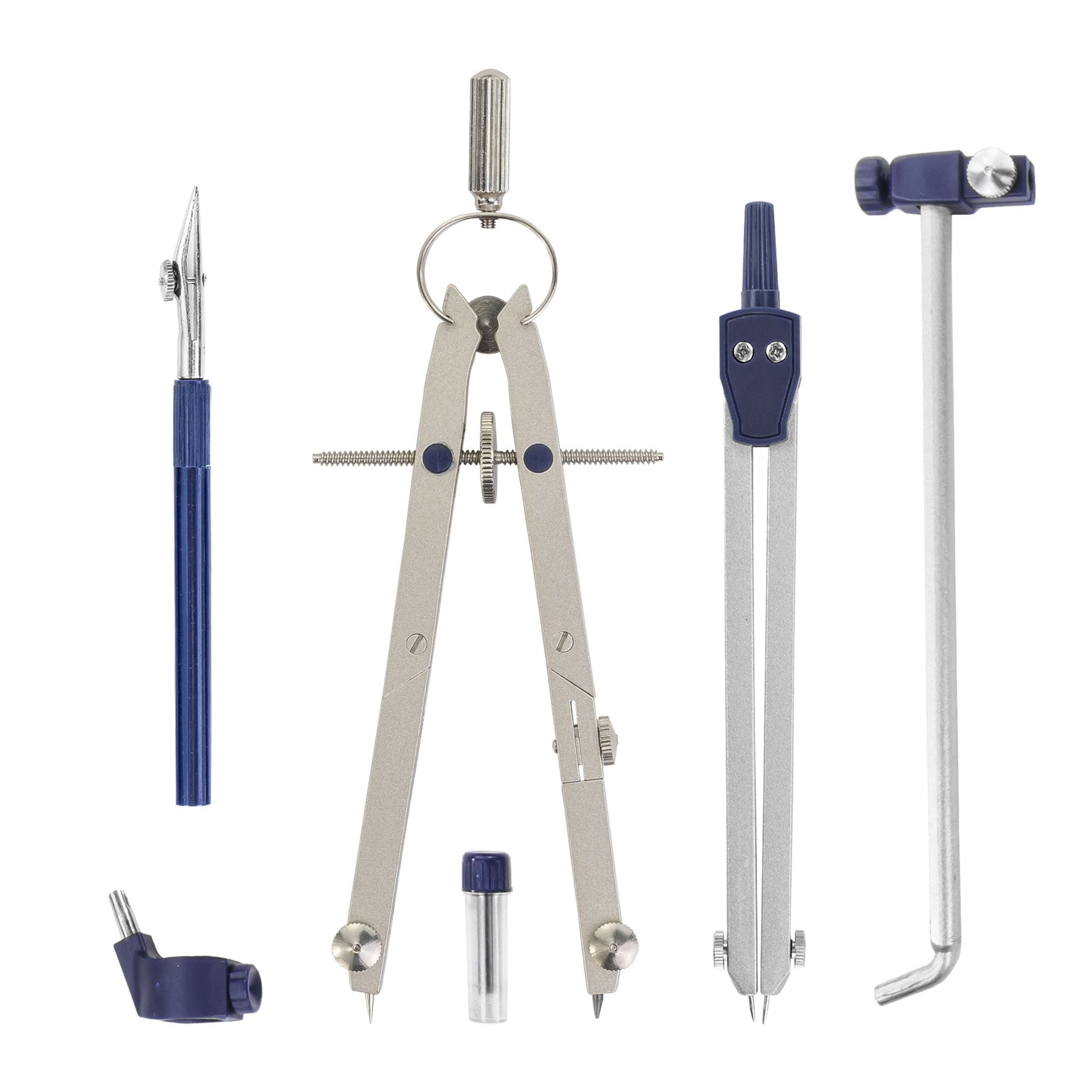 Pacific Arc, Spring Bow Compass with Extension bar, ruling Pen, 6 inch Divider, Universal Adaptor, 6 inch Break Leg, and Replacement Lead.