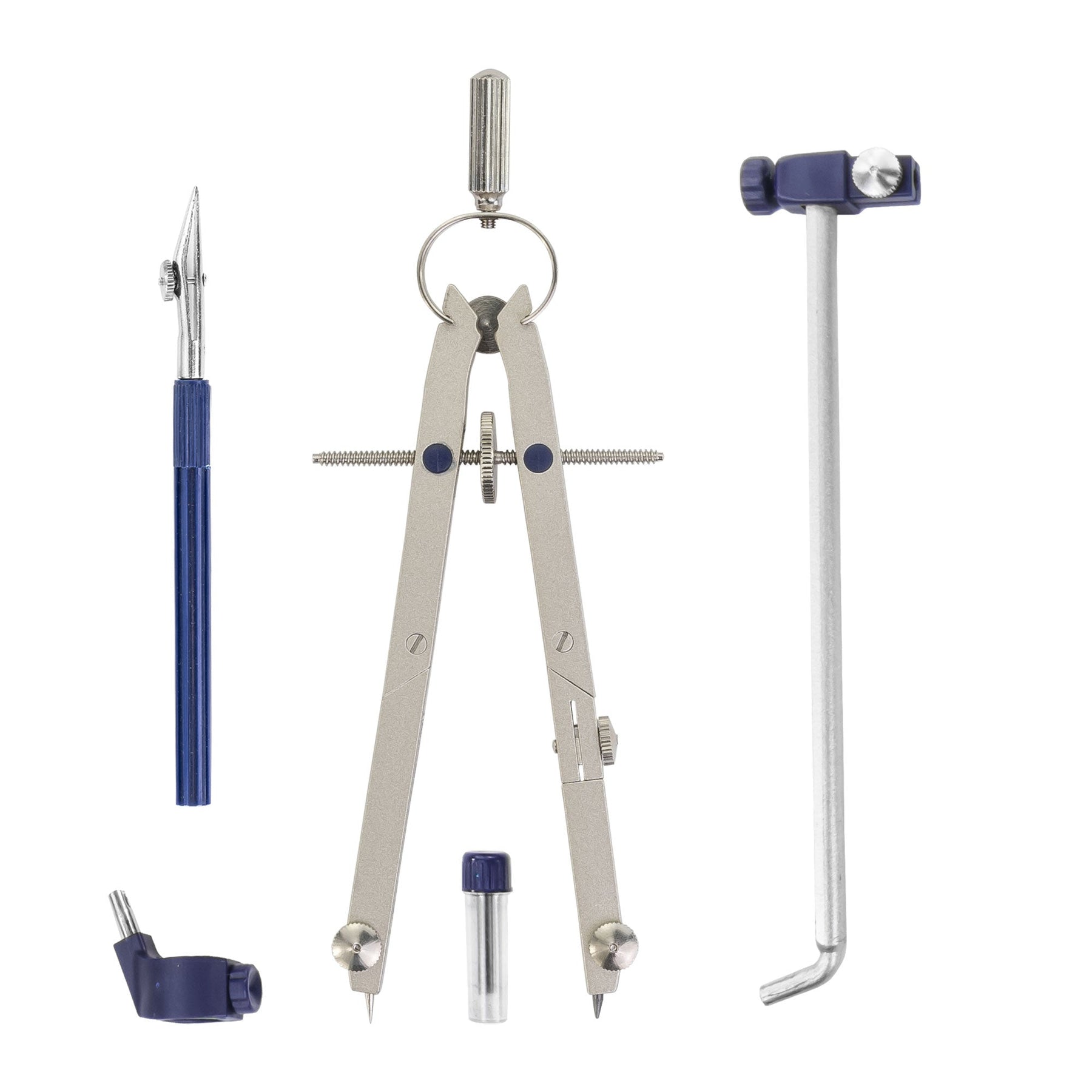 Pacific Arc, Spring Bow Compass with Extension bar, ruling Pen, 6 inch Divider, Universal Adaptor, 6 inch Break Leg, and Replacement Lead.