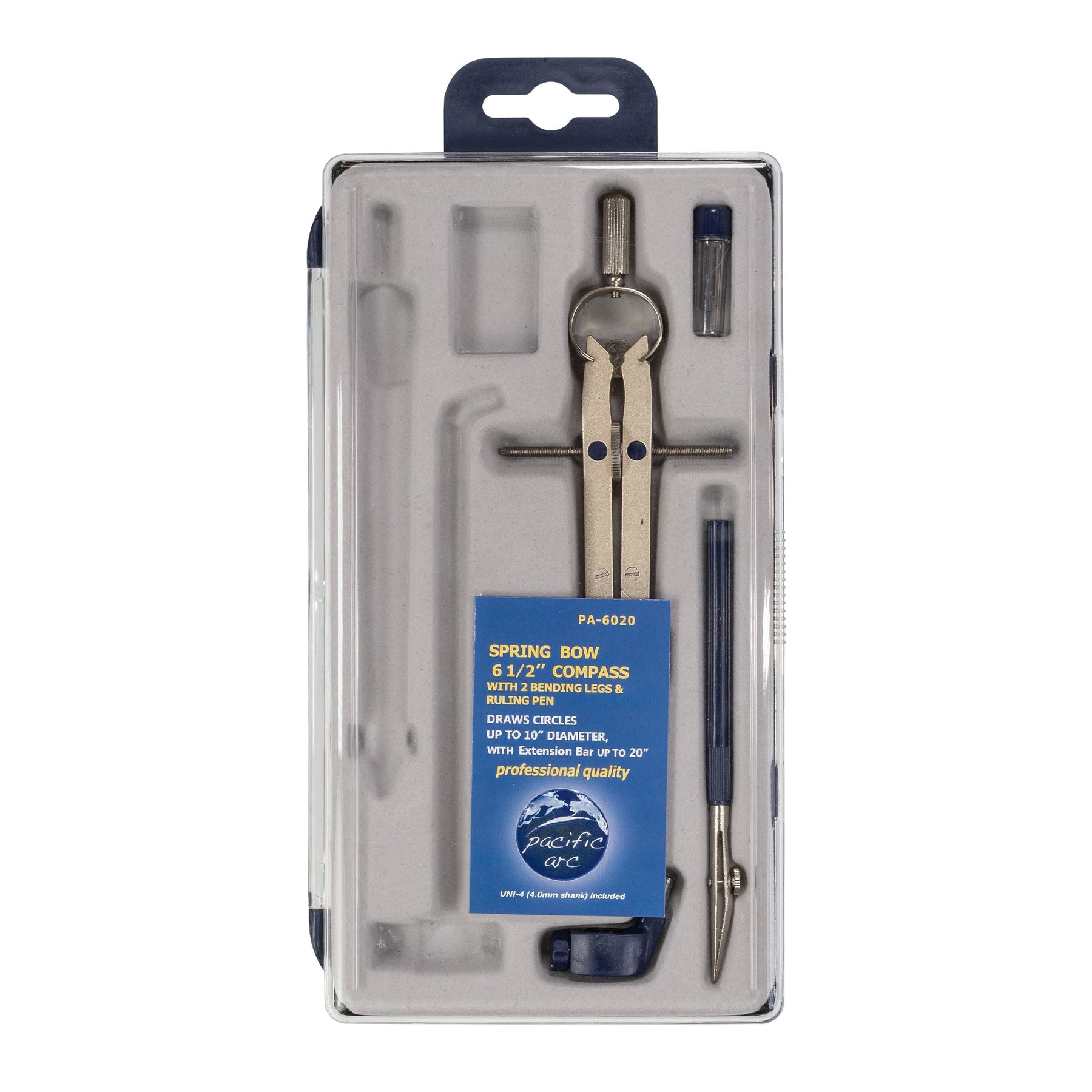 Pacific Arc, Spring Bow Compass with Extension bar, ruling Pen, 6 inch Divider, Universal Adaptor, 6 inch Break Leg, and Replacement Lead.