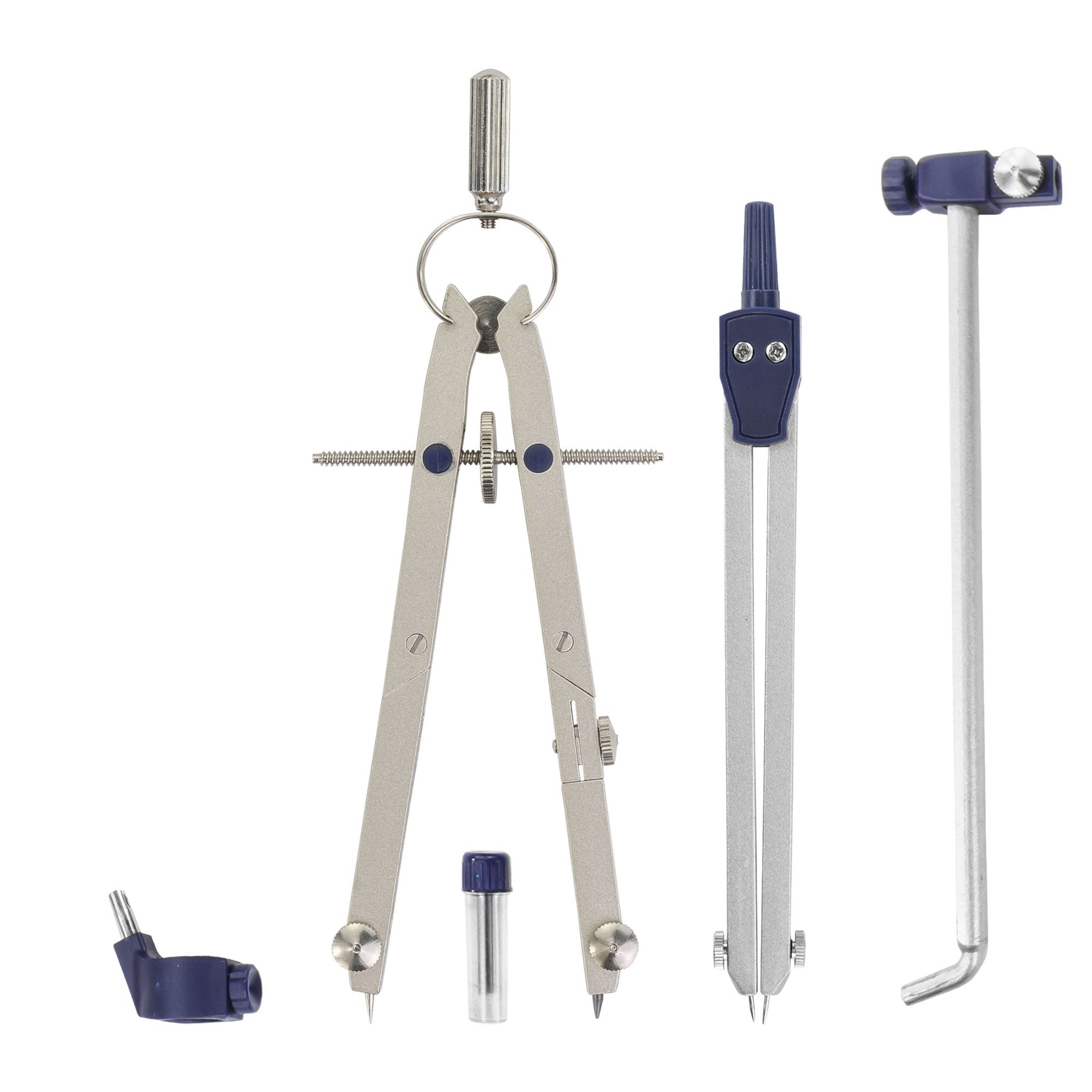 Pacific Arc, Spring Bow Compass with Extension bar, ruling Pen, 6 inch Divider, Universal Adaptor, 6 inch Break Leg, and Replacement Lead.