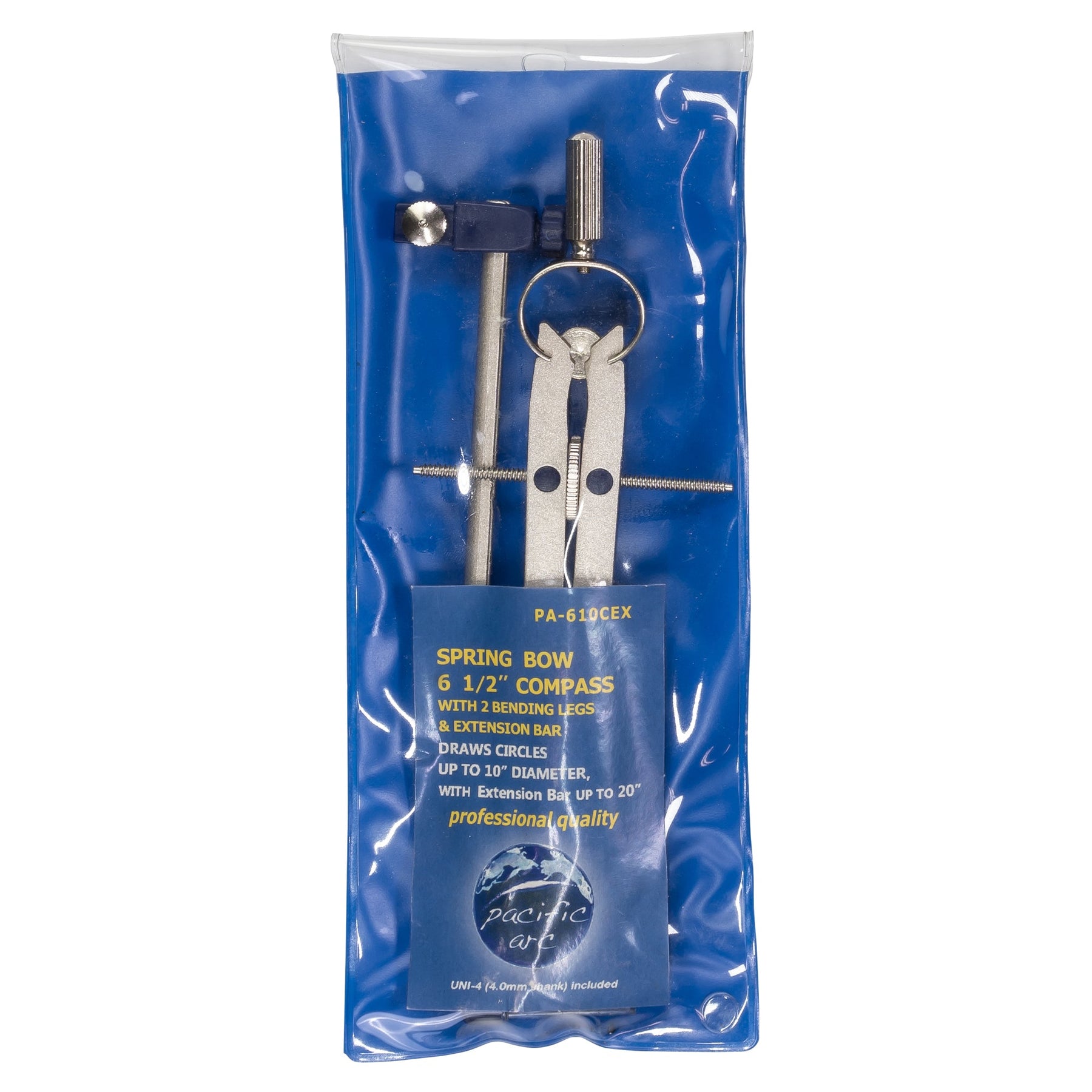 Pacific Arc, Spring Bow Compass with Extension bar, ruling Pen, 6 inch Divider, Universal Adaptor, 6 inch Break Leg, and Replacement Lead.