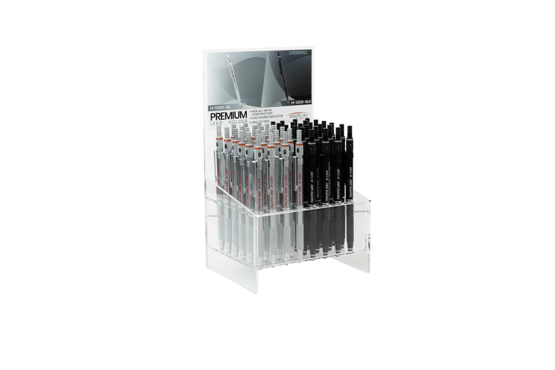 Pacific Arc Premium Gravity Feed Technical Lead Holder Display, All Metal, Silver or Black, 2 mm
