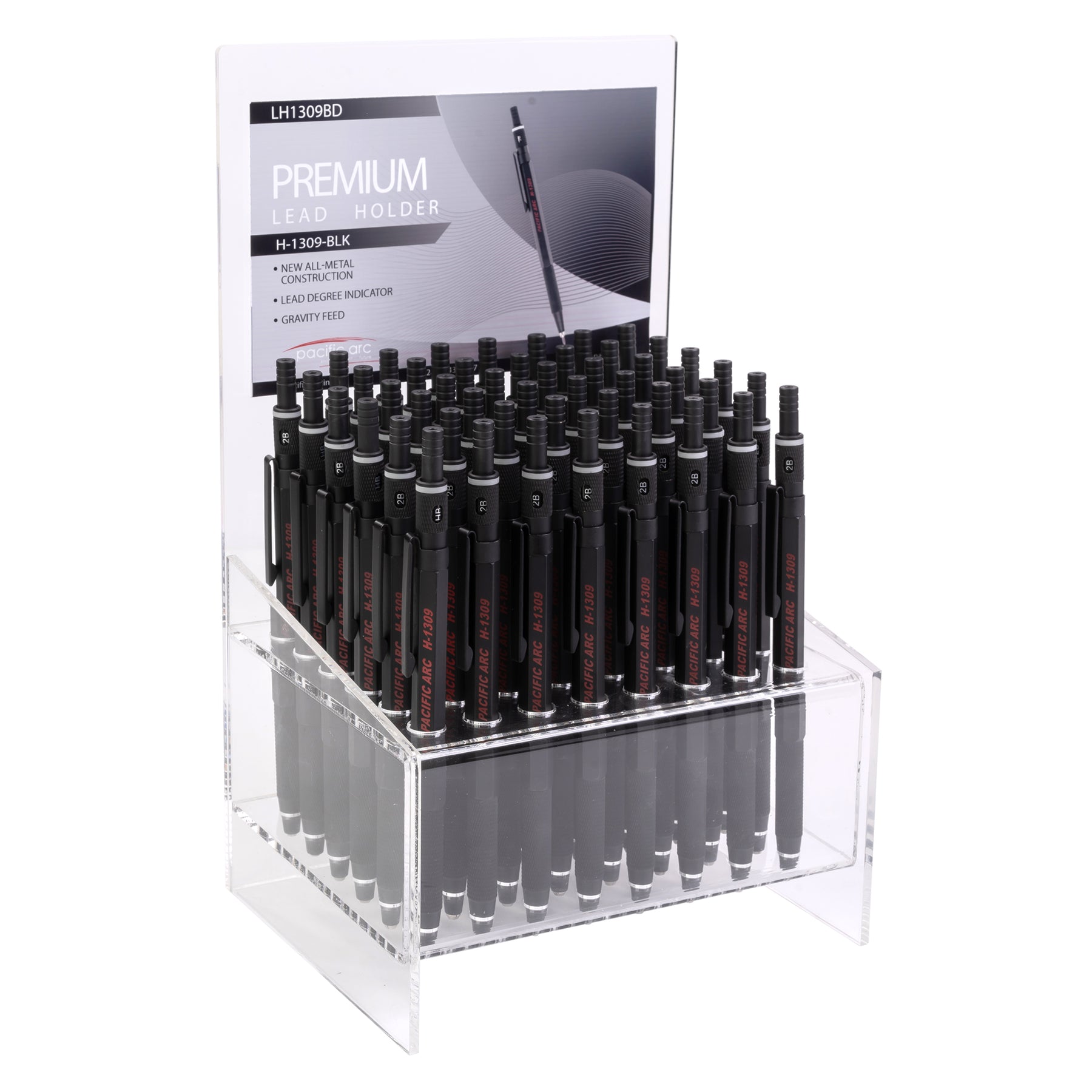 Pacific Arc Premium Gravity Feed Technical Lead Holder Display, All Metal, Silver or Black, 2 mm