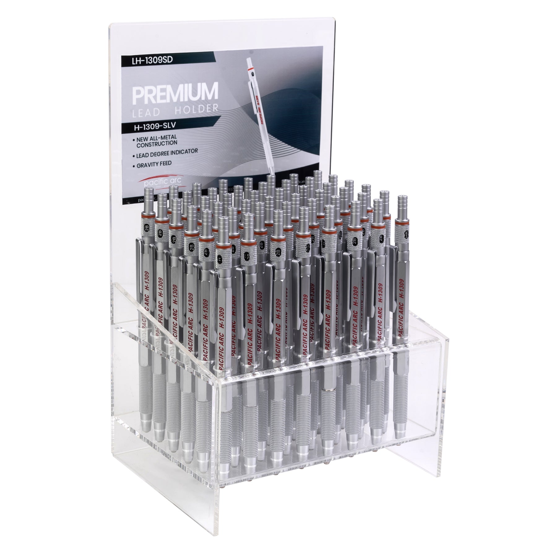 Pacific Arc Premium Gravity Feed Technical Lead Holder Display, All Metal, Silver or Black, 2 mm