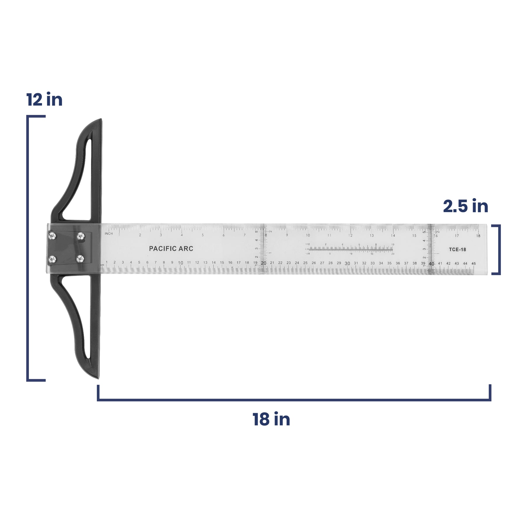 Pacific Arc 18 to 42 Inch T Square, Traditional Acrylic Graduated in Inch and Metric, Detachable Head