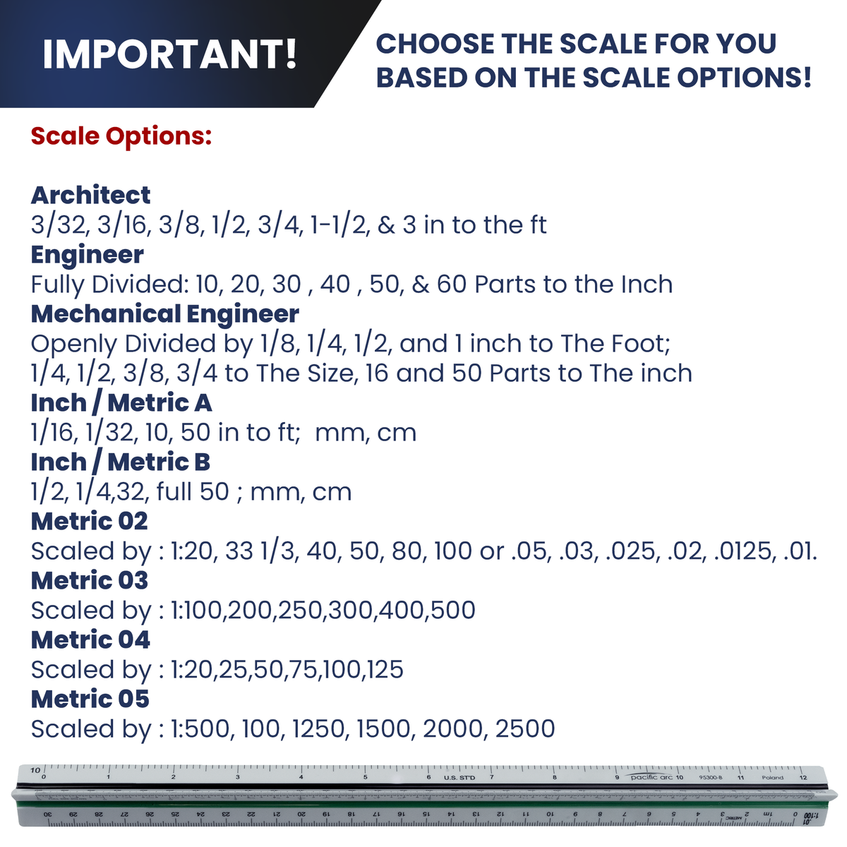 Pacific Arc | Economy Triangular Scale Ruler | Architect, Engineer, Mechanical Engineer & Metric Scales.